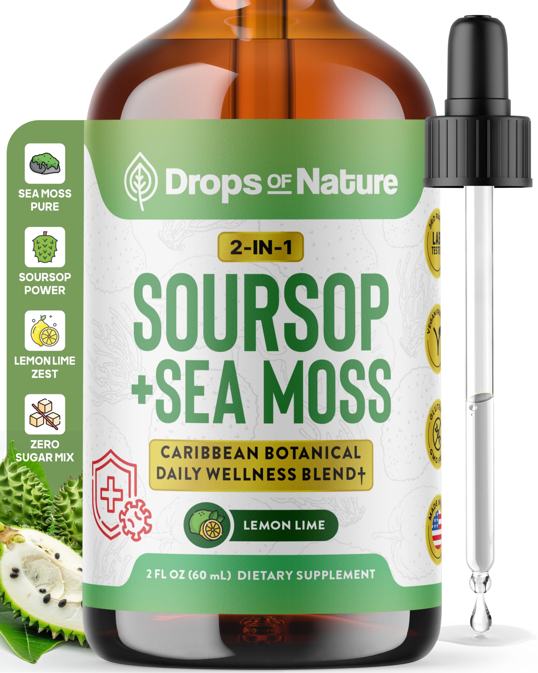 Drops Of Nature Soursop Bitters Liquid with Sea Moss - Lemon Lime, 60 mL