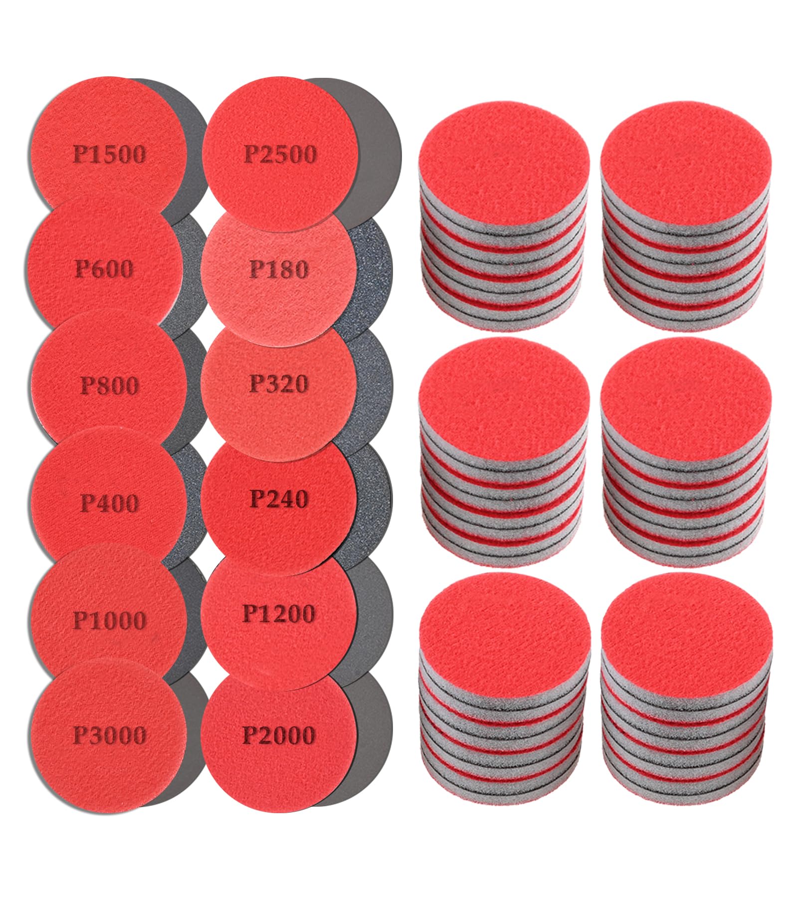 96Pcs 2-inch sanding pads, 12 grit sizes: 8 discs each of 180 to 3000 grit