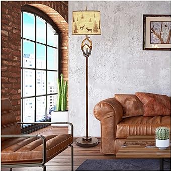 WIAONE Scenekoy Rustic Farmhouse Antlers Floor Lamp with Nightlight Brown Finish Round Shade Lamps for Living Room Bedroom Office Study House