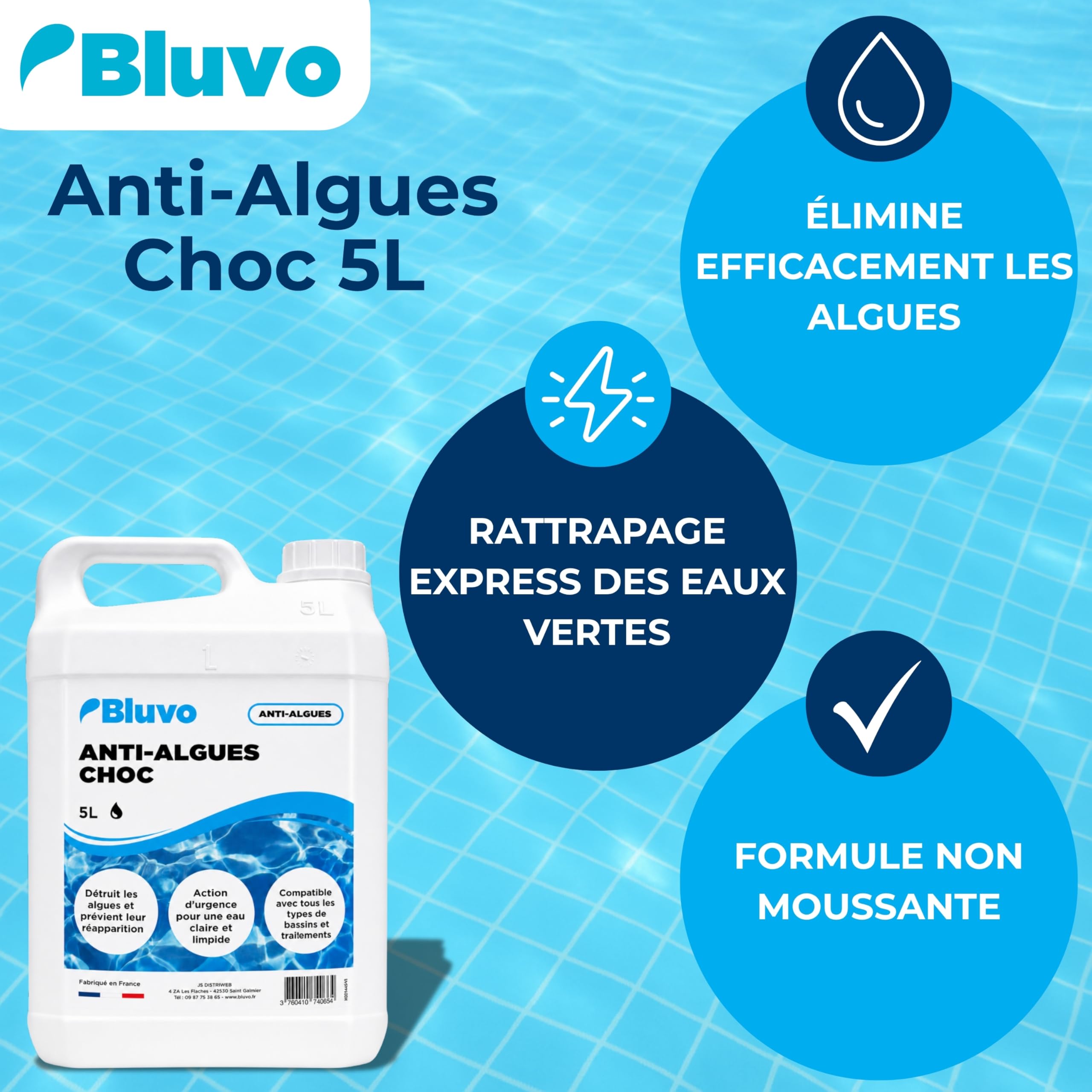 Algicide Anti-Algues Choc Piscine 5L | Rattrapage Eau Verte & Eaux Troubles | Double Action Préventive & Curative | Stop Algues pour Piscine et Spa