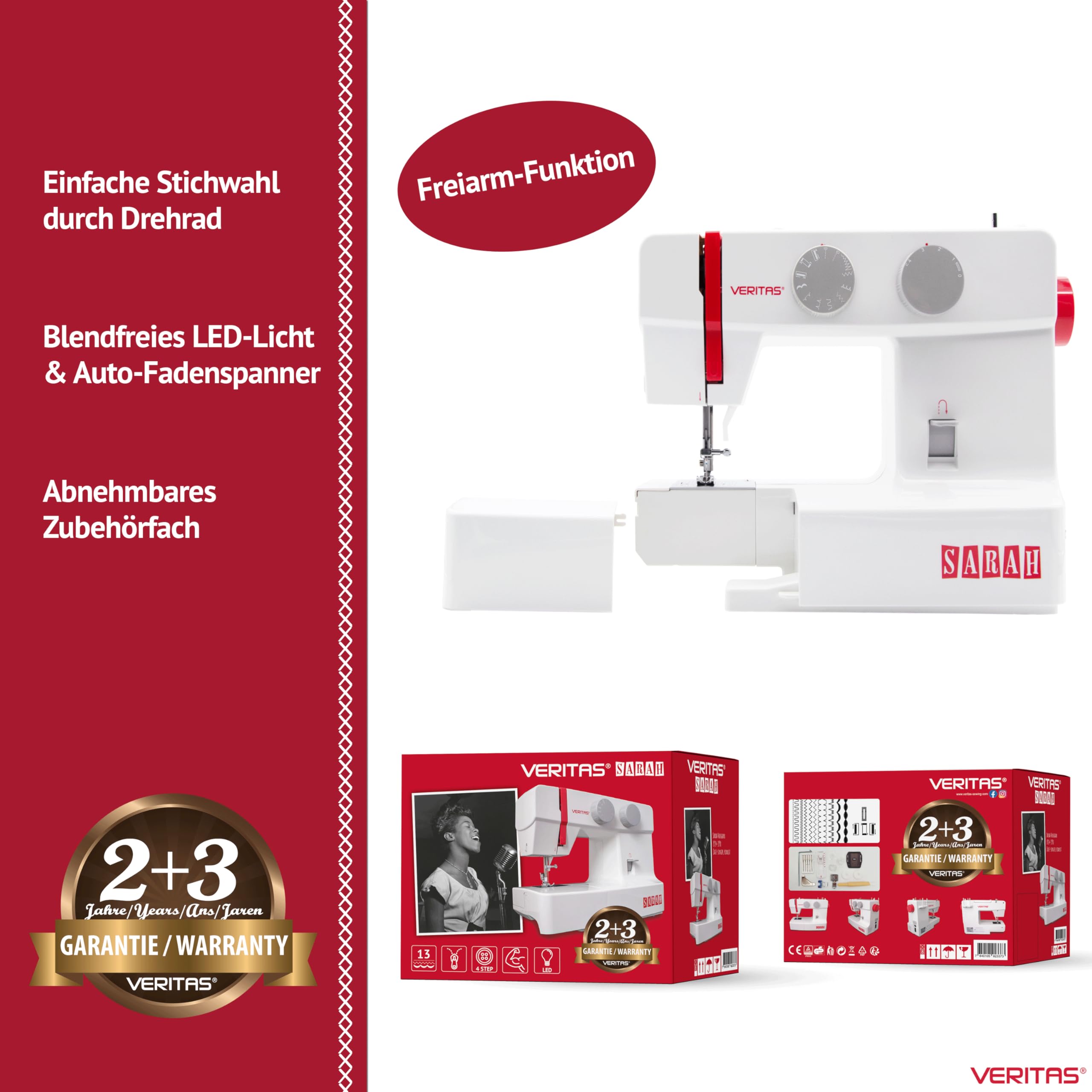 VERITAS Sarah Einsteiger-Nähmaschine – 13 Stichprogramme, Freiarm, Fadenabschneider, einstellbare Stichlänge, Fadenführung, Empfehlung Kinder-Nähmaschine F.A.Z. Kaufkompass