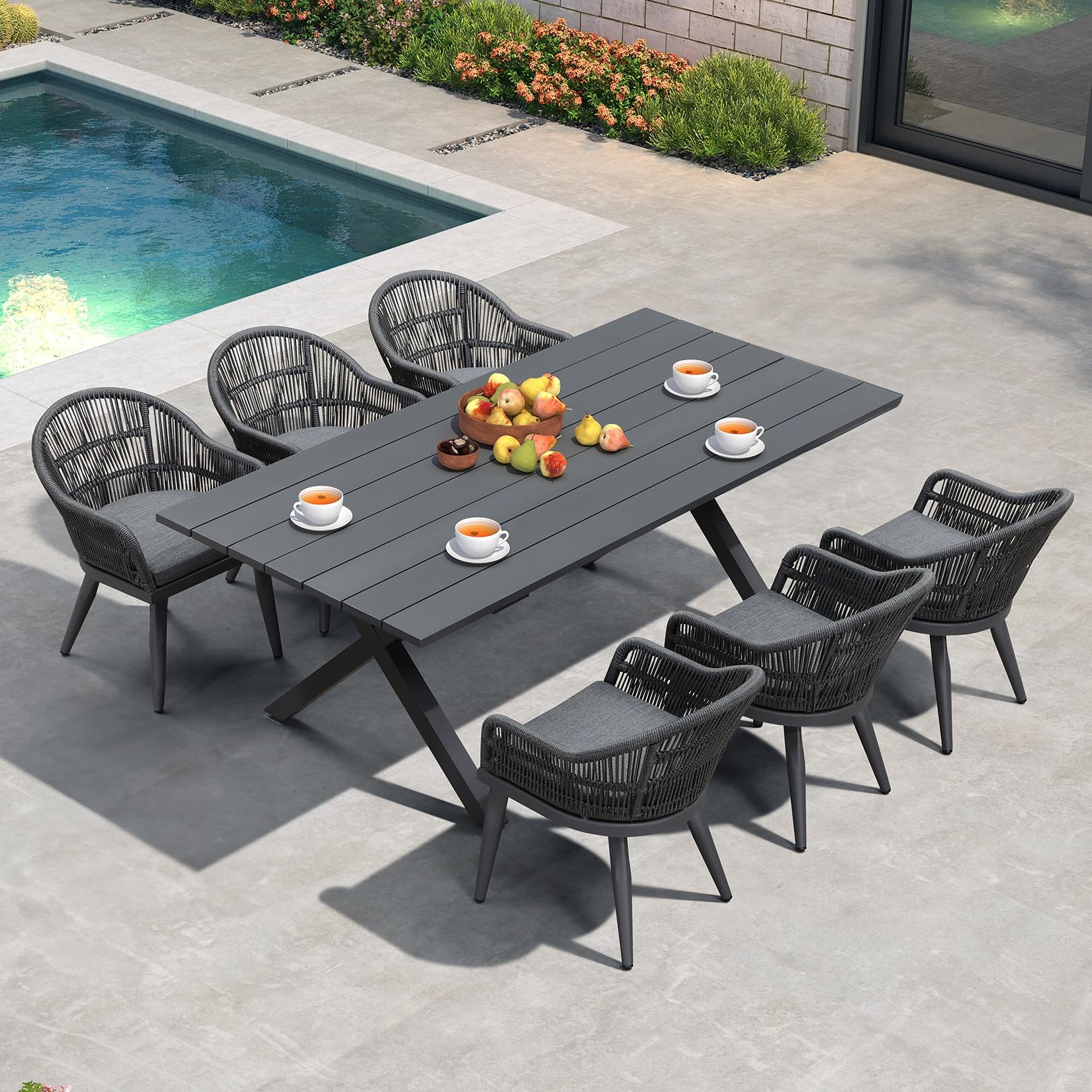 PURPLE LEAF 7 Pieces Outdoor Dining Set with Longer Aluminum Table, Grey