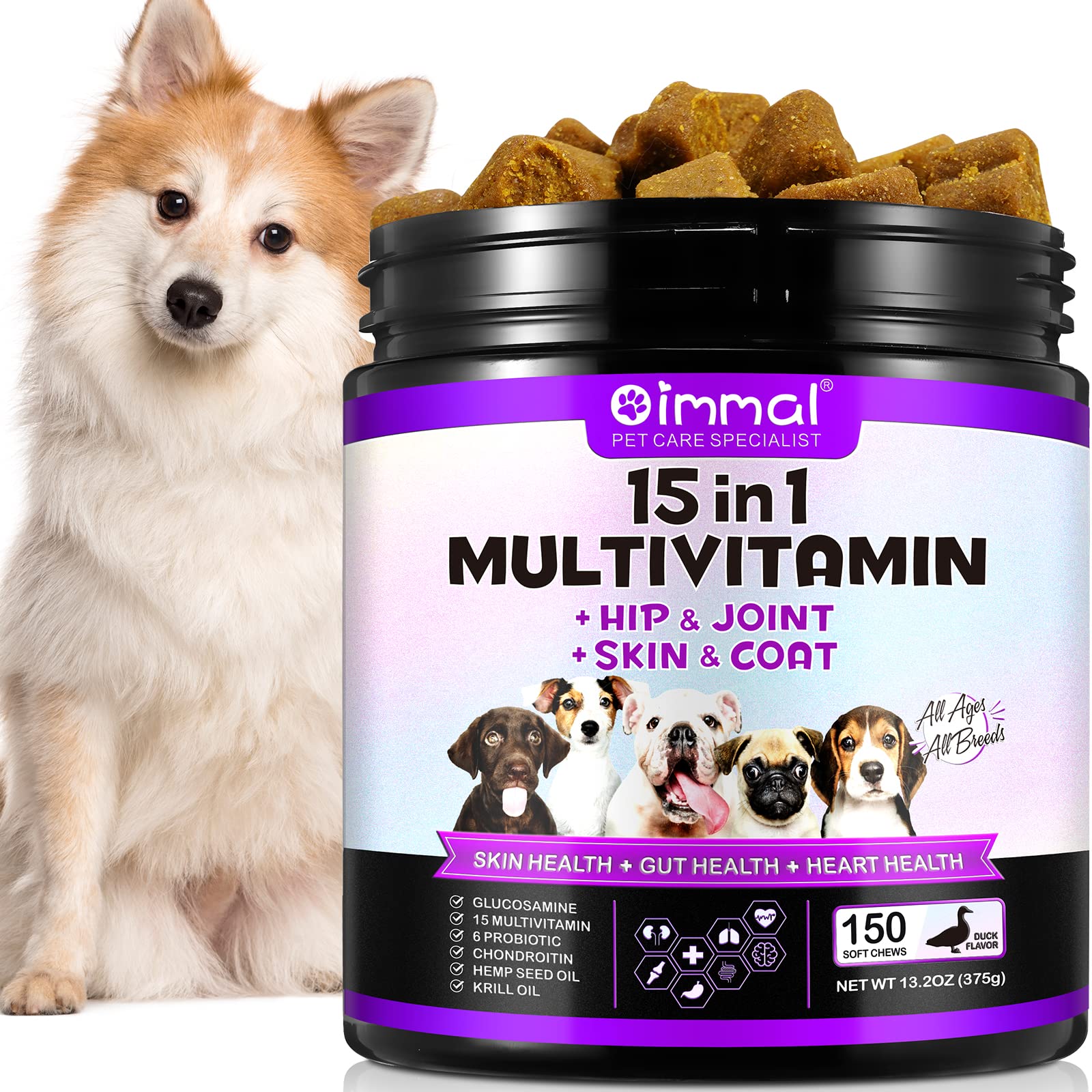 15 in 1 Dog Multivitamin Chewable, Dog Multivitamin Chews for Hip and Joint, Skin Coat, Gut Health, Immune System, 150 Chews with Duck Flavour for Small, Medium and Large Dogs