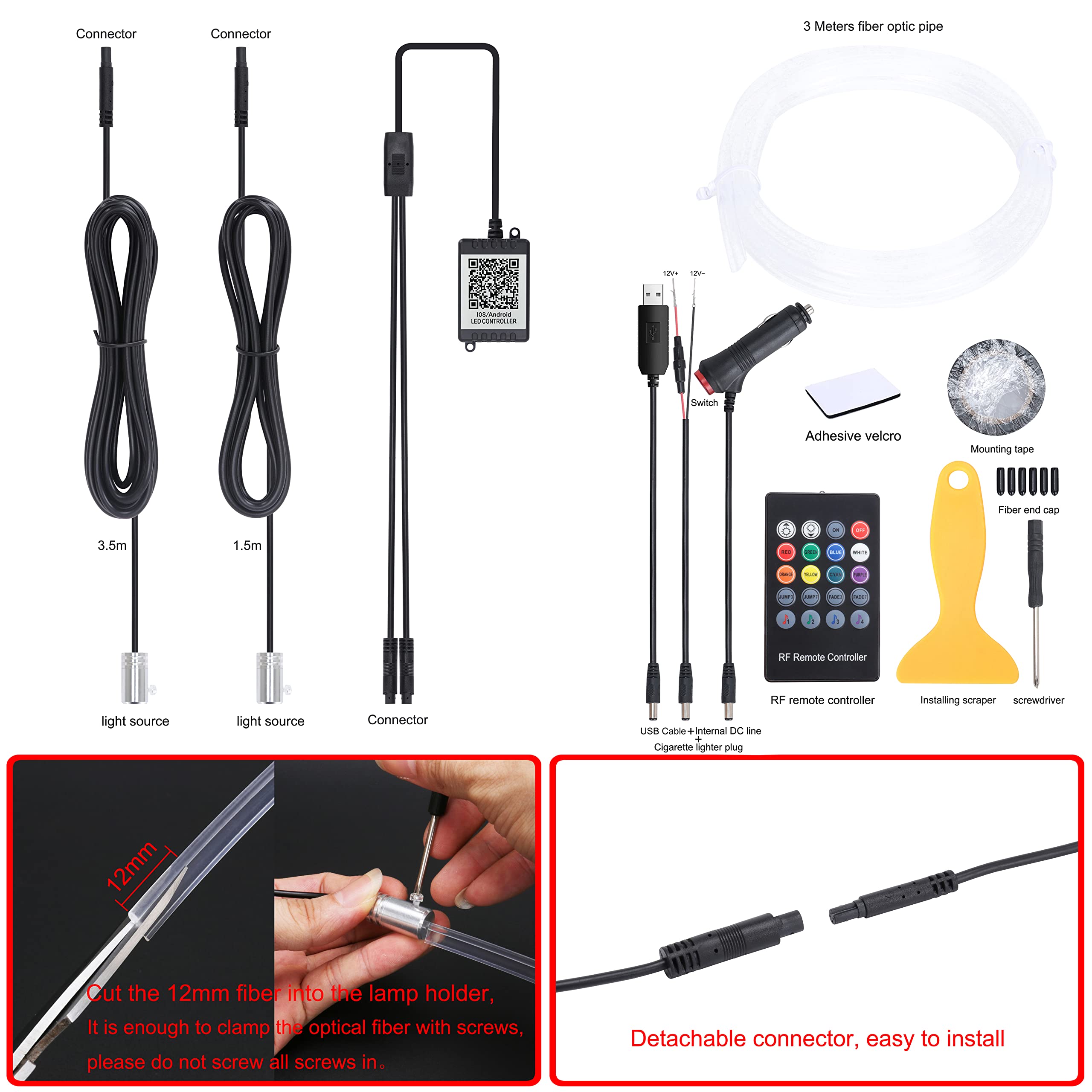 QAUBEN Car Ambient Lighting Optic Fiber Cable 64 Colors Music Sound Active with RF Remote Control + APP Control Car Decorative Atmosphere Lighting Kit DC 12V 1W 3m