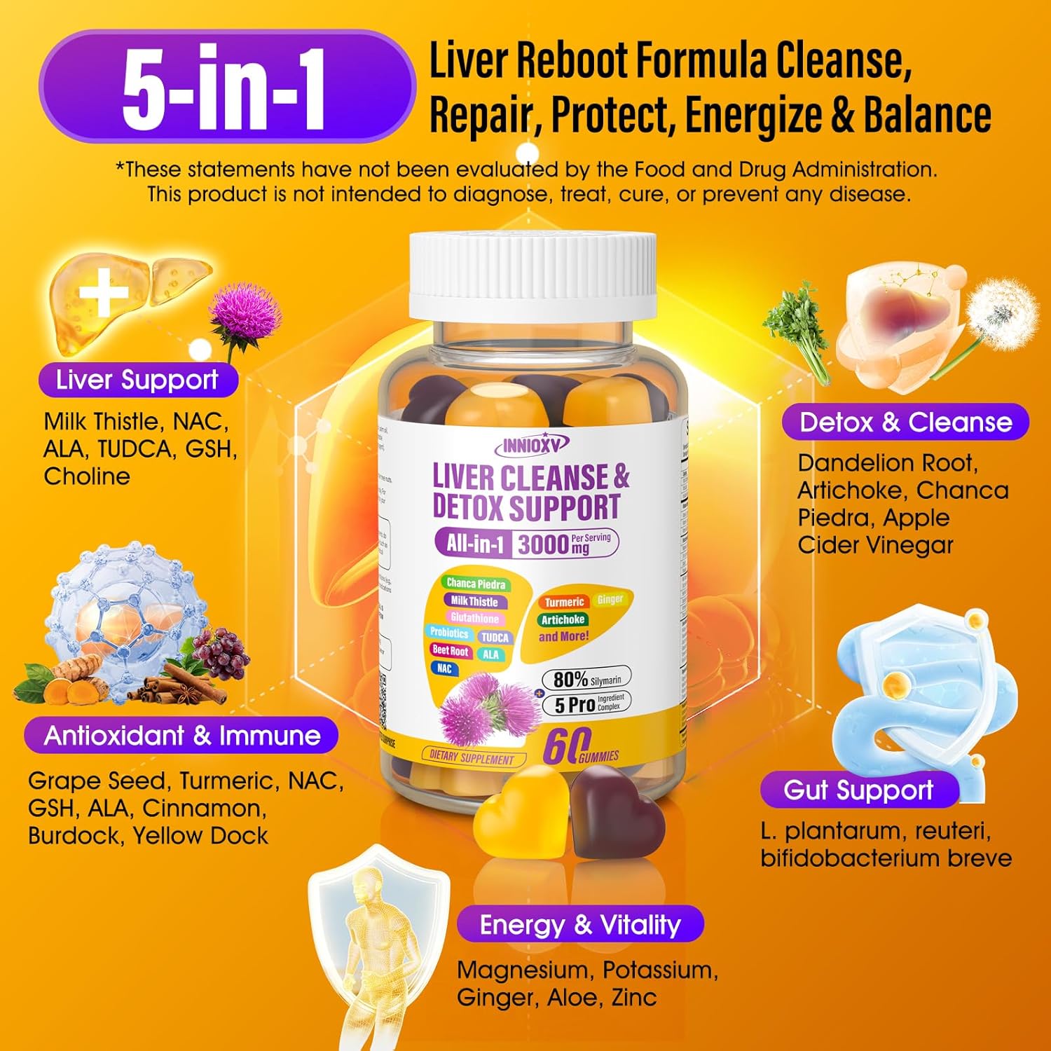 Liver Cleanse Detox & Repair Gummies - 29-in-1 1500mg Milk Thistle Supplement with Beetroot Dandelion Artichoke, Vegan Gummy with NAC TUDCA Vitamins Supports Immune, Boosts Energy, Gut Health, 60 ct - Image 2