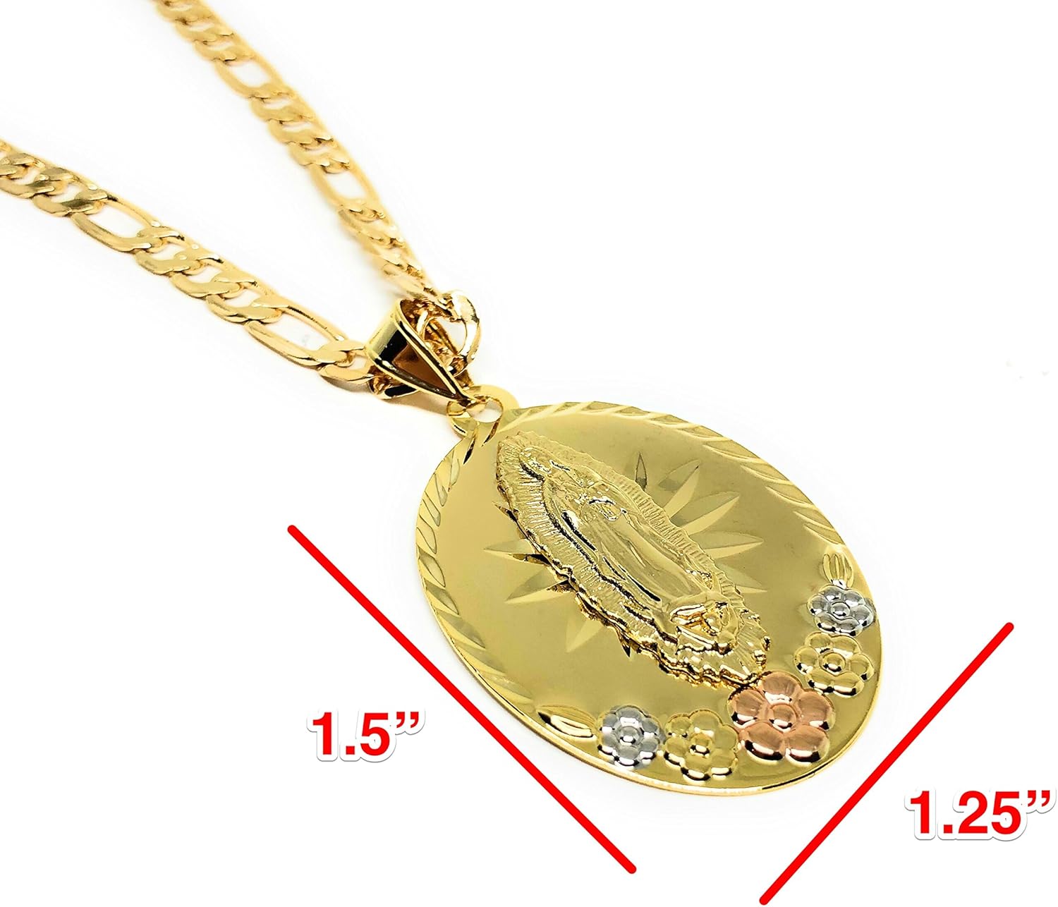 Tri-Color Virgin Mary Flower Pendant Necklace 26" Virgen de Guadalupe Medalla Tres Colores Con Flores - Image 2