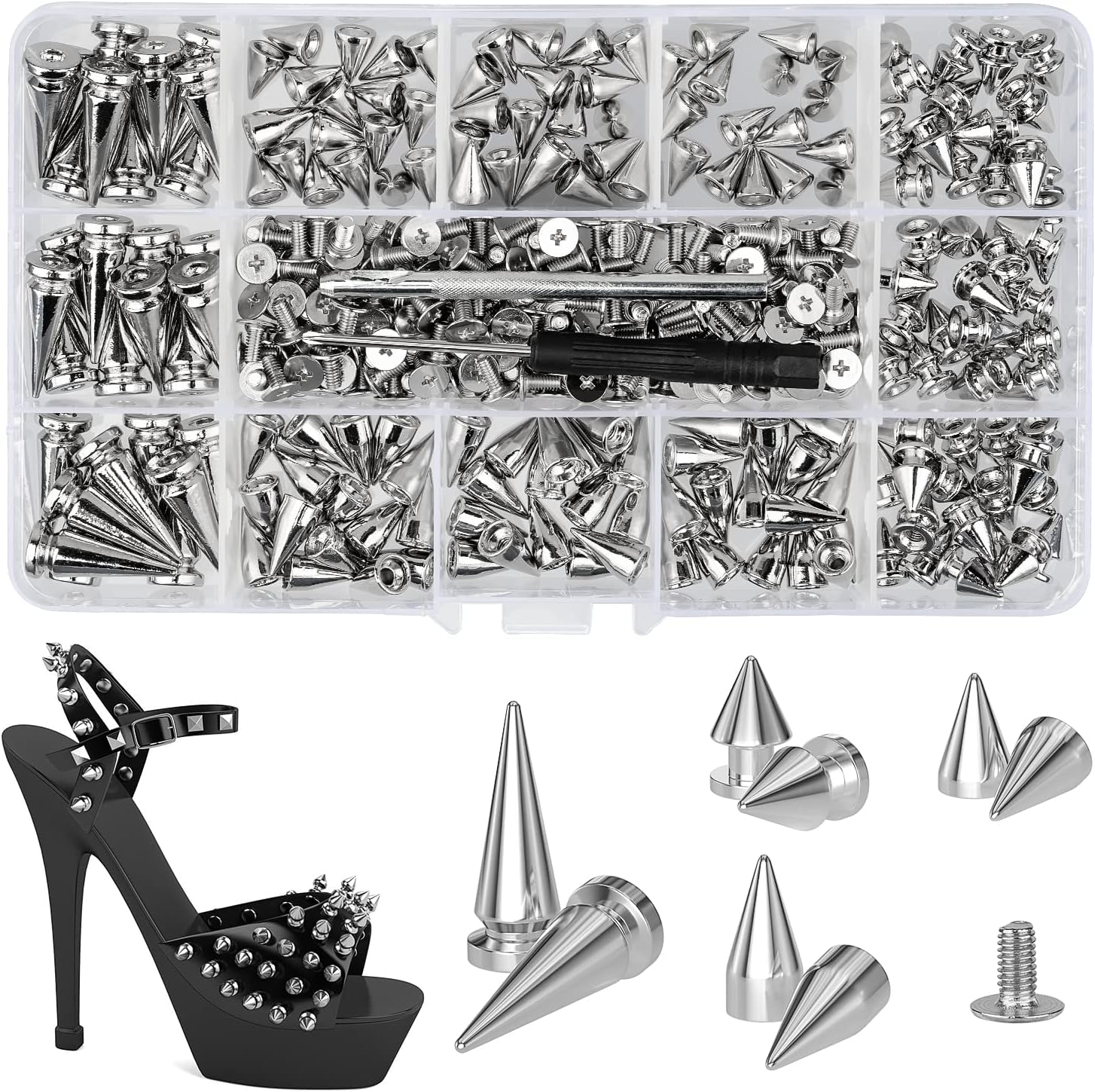 360 Pcs Punk Spikes and Studs Kit, Multiple Size Cone Spikes for Clothes, Punk Rock Style Studs and Spikes for DIY Leathercraft Decoration, Suitable for Clothing, Dog Collars, Belts, Bags (15.53oz)