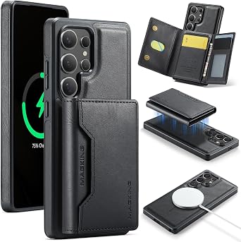 Wallet Case for Samsung Galaxy S25 Ultra, Strong Magnetic Back Cover Compatible with MagSafe, Retro Leather Shockproof Phone Case with Detachable Trifold RFID Card Holder Wallet Stand Black