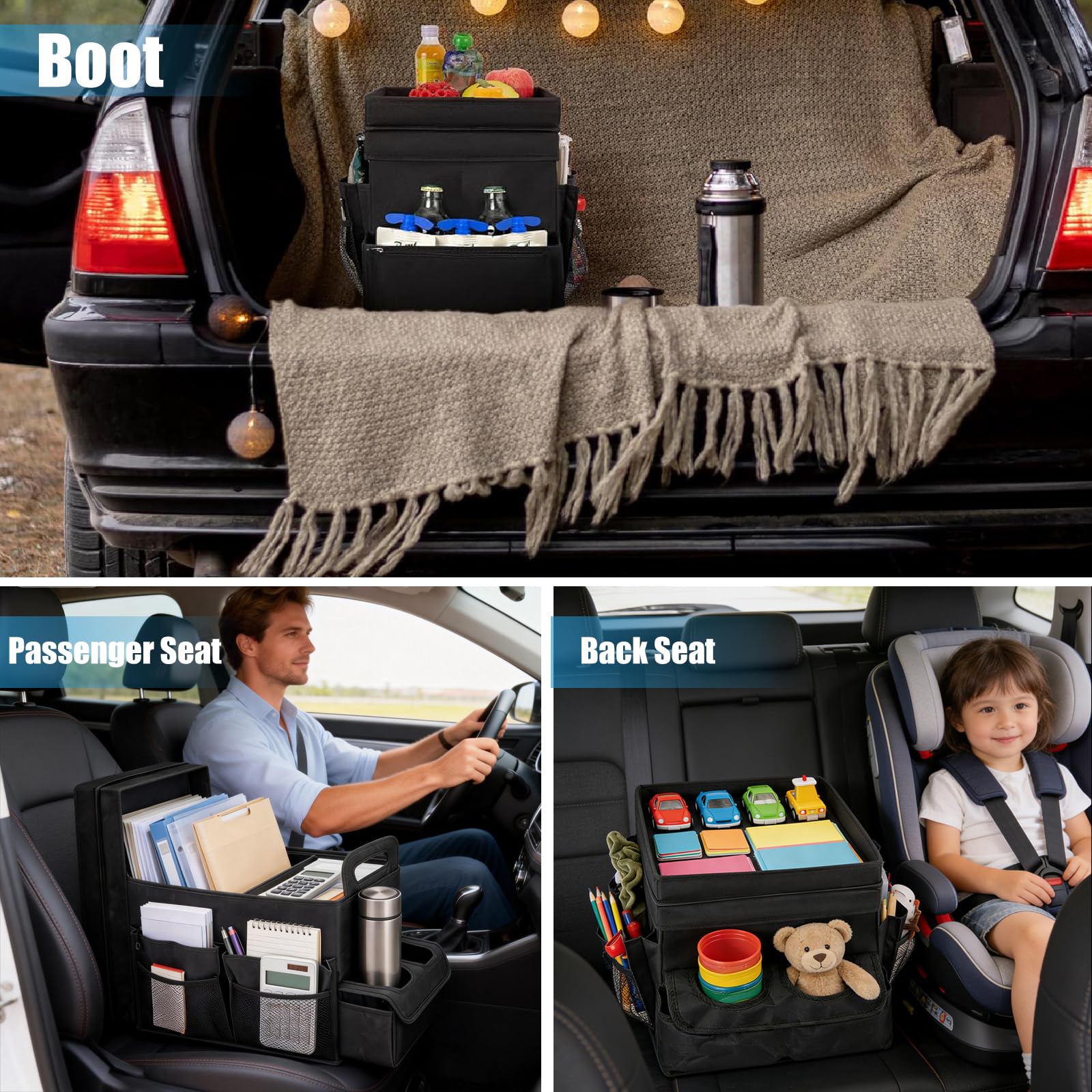Organizer per sedile auto con coperchio e maniglia, portabicchieri, tasche laterali, divisori regolabili, organizer pieghevole per sedile anteriore e posteriore dell'auto