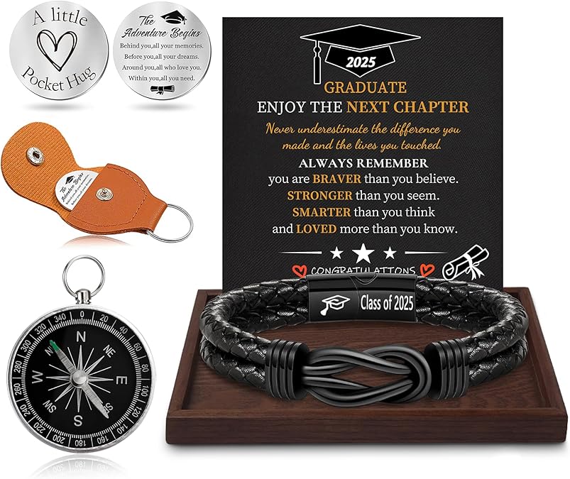 Graduation Gifts for Him, 2025 High School Graduation Gifts Class of 2025 Teen Gift Trendy Stuff Leather Bracelet for Men with Pocket Hug Token Compass College Middle 5th 8th Grade Masters Degree Graduate Knot Jewelry for Son Grandson Boyfriend