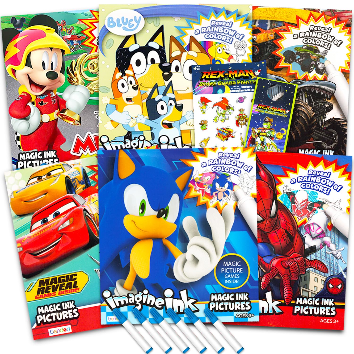 Bulk Imagine Ink Coloring Book Set for Boys - Bundle with 6 No Mess Coloring Books, Rex-Man Stickers and Door Hanger Featuring Bluey, Sonic The
