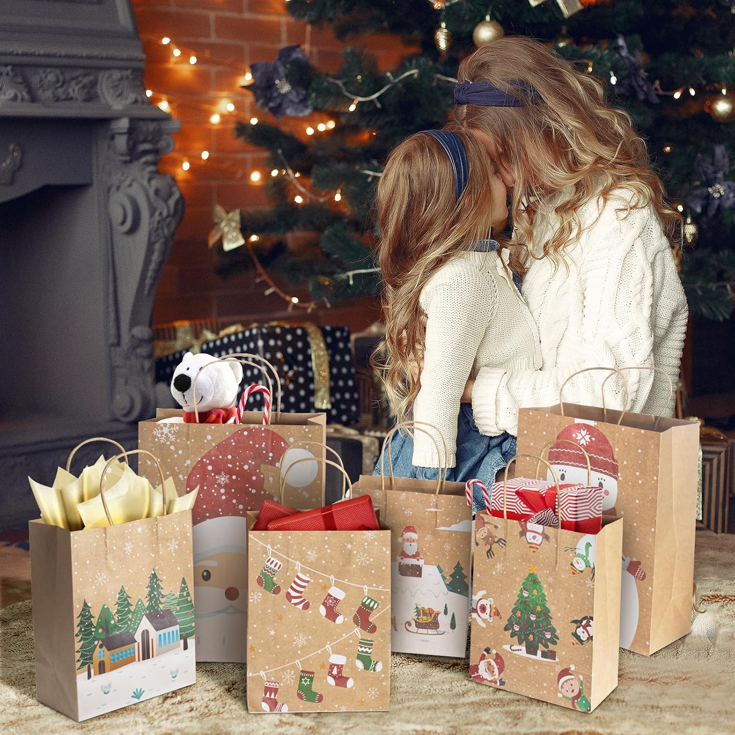 CHARMGIFTBOX Christmas Gift Bags, 24-Pack Kraft Paper Gift Bags with Handles, 12 Large 13” & 12 Medium 9” Assortment for Holiday Party Favors, Gift Wrapping, Xmas Decor - Image 6