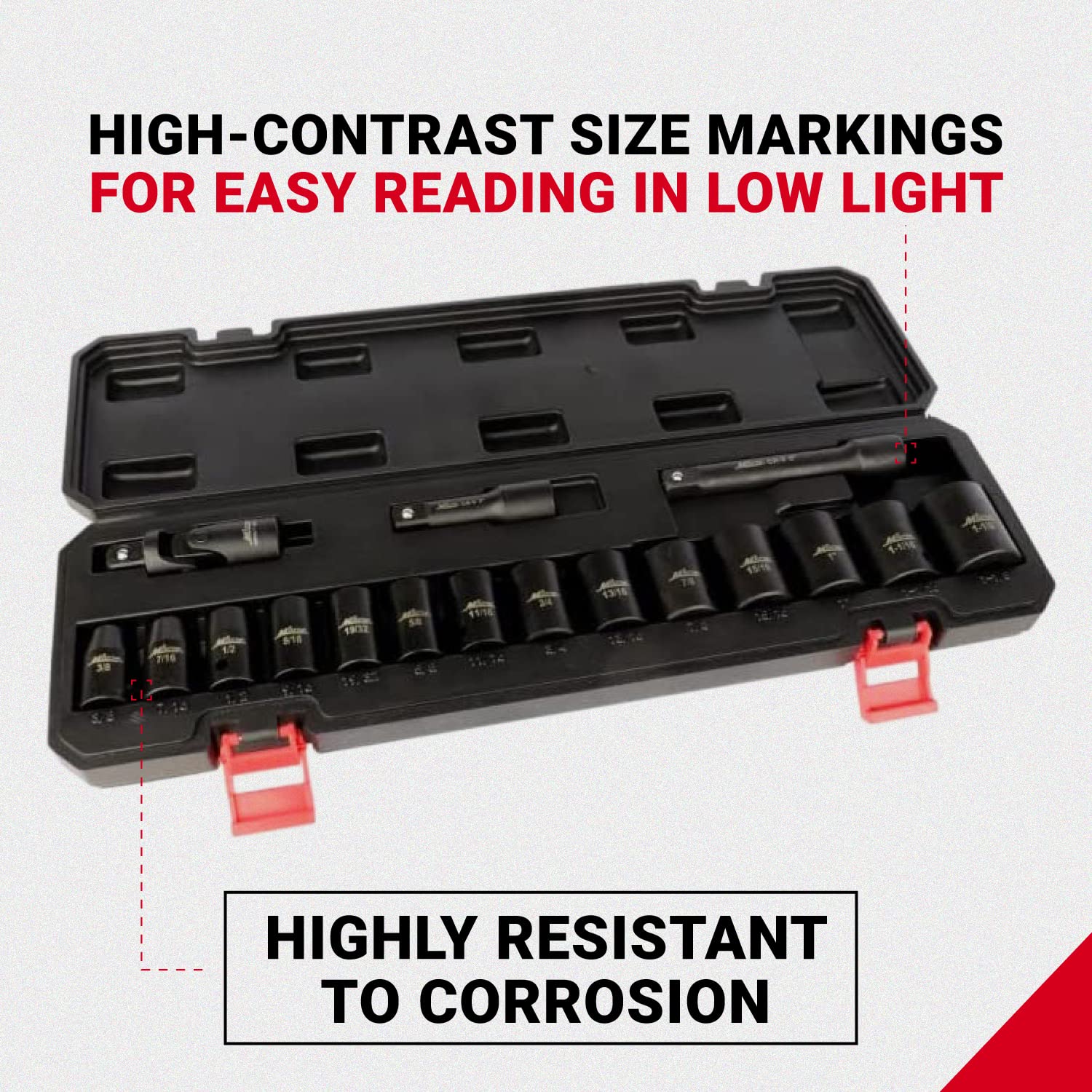 Milton Shallow Socket Set, 1/2” Drive Impact Socket Set, 17-Piece SAE 3/8