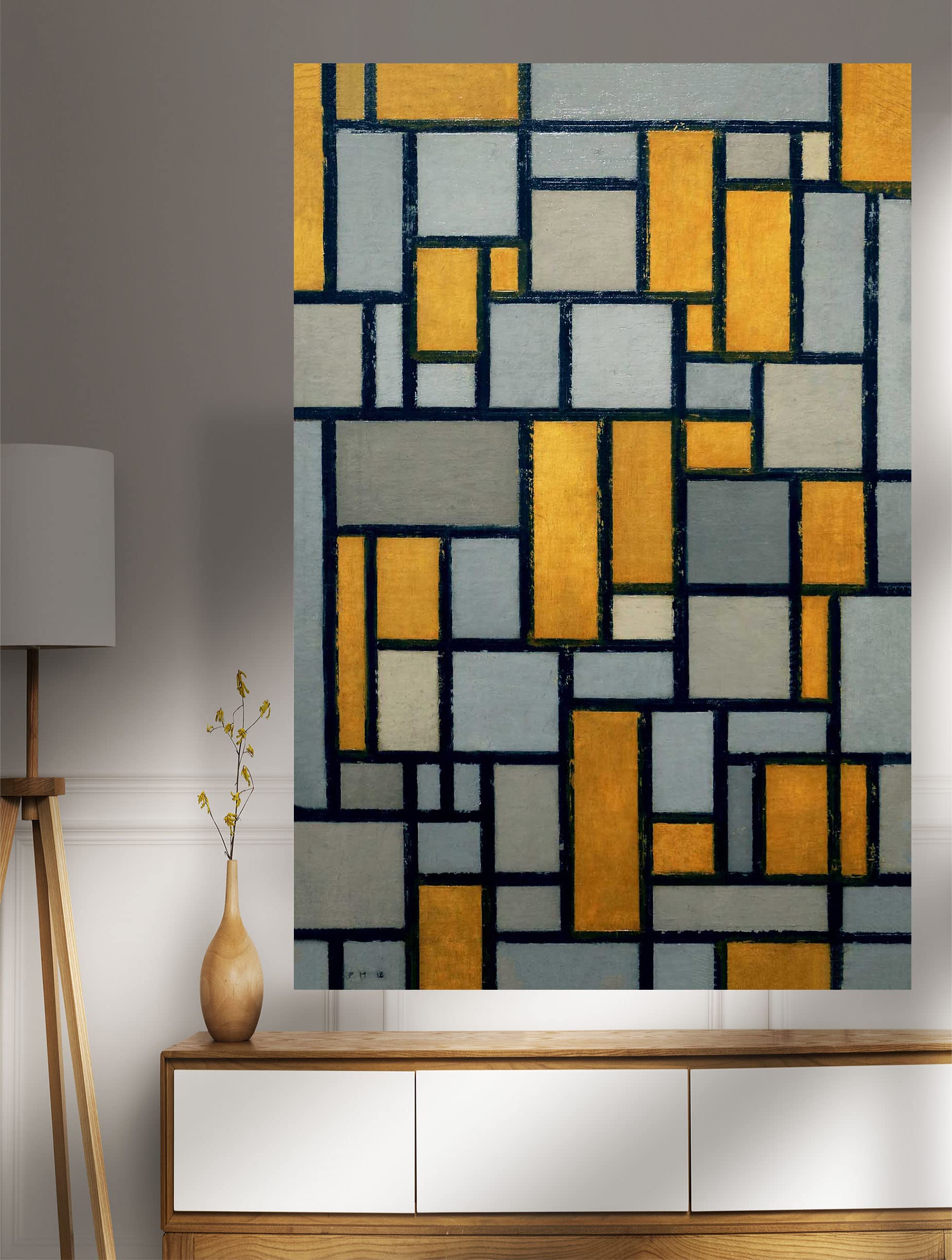Toile murale encadrée avec grille de composition 1 par Piet Mondrian - Décoration d'intérieur - Grand format - 60 x 86 cm