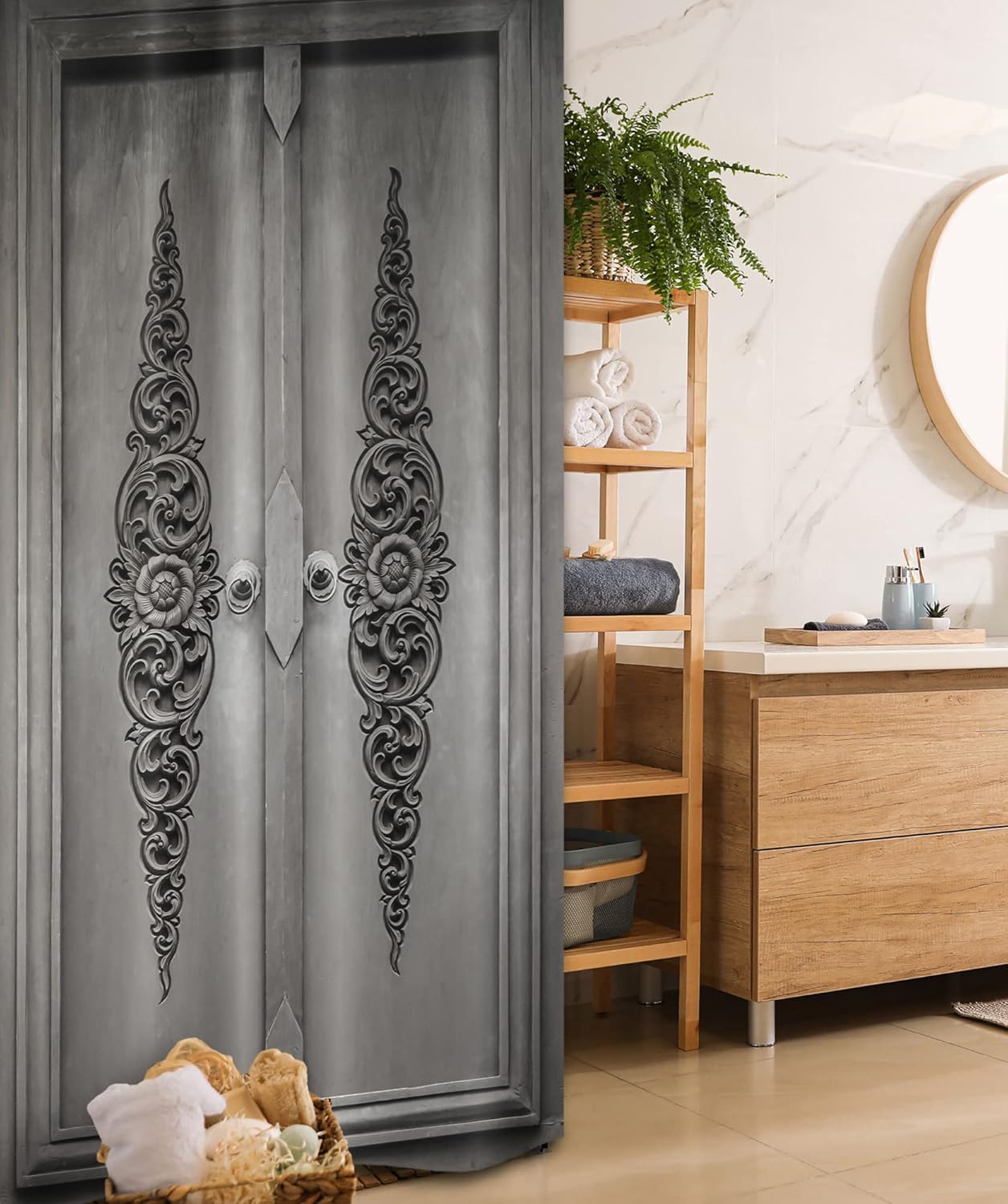 Ambesonne Antique Stall Shower Curtain, Antique Door with Vertical Ornamental Floral Pattern Travel Treasure Monochromic, Fabric Bathroom Decor Set with Hooks, 36" W x 72" L, Grey Black