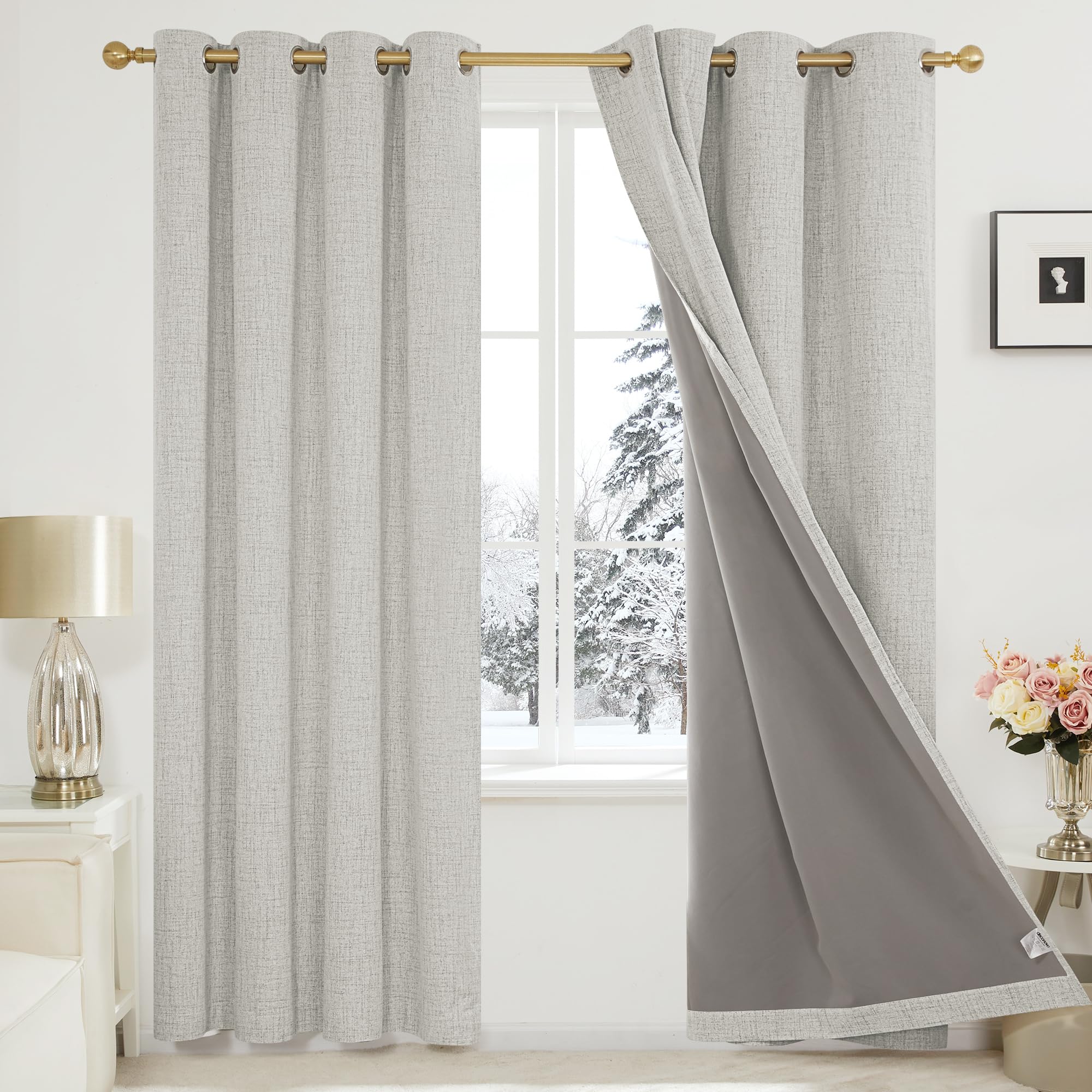 Deconovo 100% Blackout Curtains 84 Inch Drop Thermal Insulated Faux Linen Eyelet Door Curtains for Living room Bedroom with Coating Pale Khaki W52 x L84 One Pair