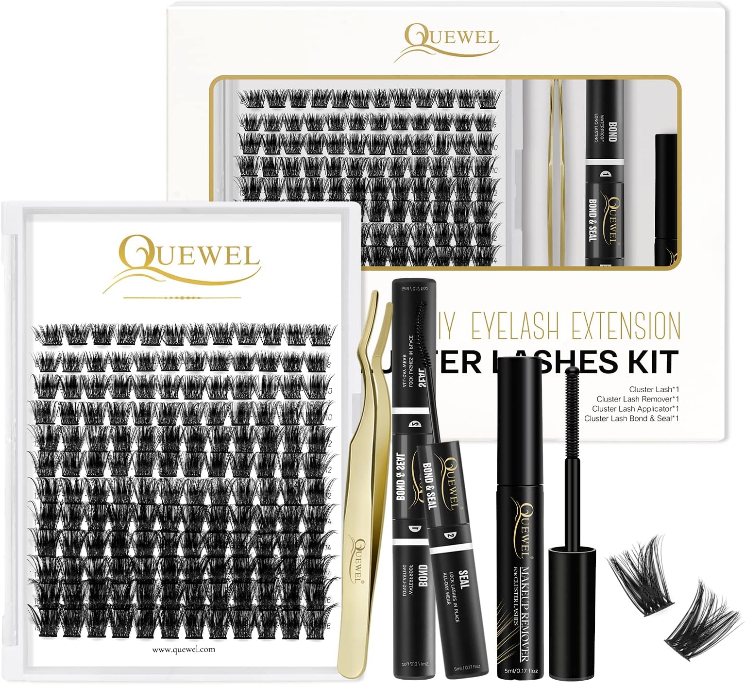 QUEWEL Individual Lashes Kit 144 Cluster-Lashes DIY Lash Extensions Kit, Clusters Eyelash Applicator, Cluster Lashes Bond and Seal Super Hold, Lash Glue Remover Easy to Remove(honey01-D-MIX8-16)