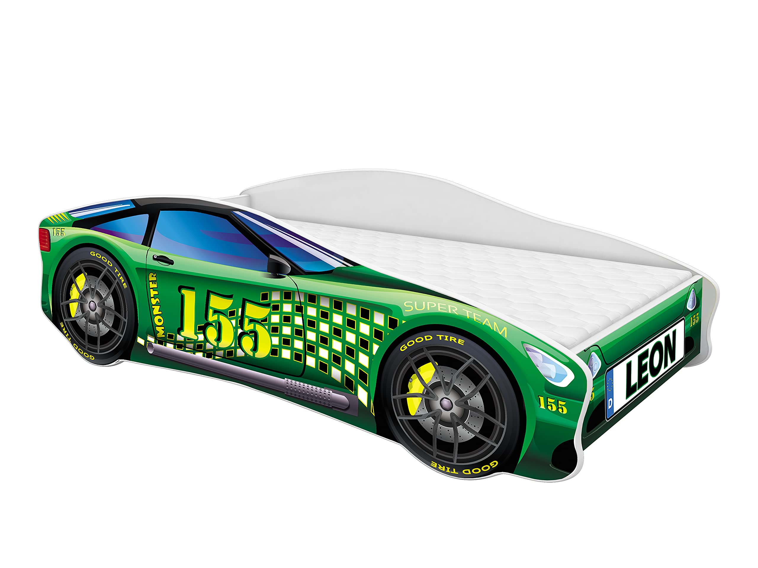ACMA Autobett 160x80 cm mit Matratze und Lattenrost - Kinderbett Auto personalisiert mit Name, Modell 5, stabiles Jugendbett für Kinderzimmer, belastbar bis 120 kg