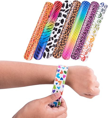 Super Z Outlet Pulseras retro de vinilo de plástico con corazones coloridos y patrones de diseño de animales para niños, recuerdos de fiesta de