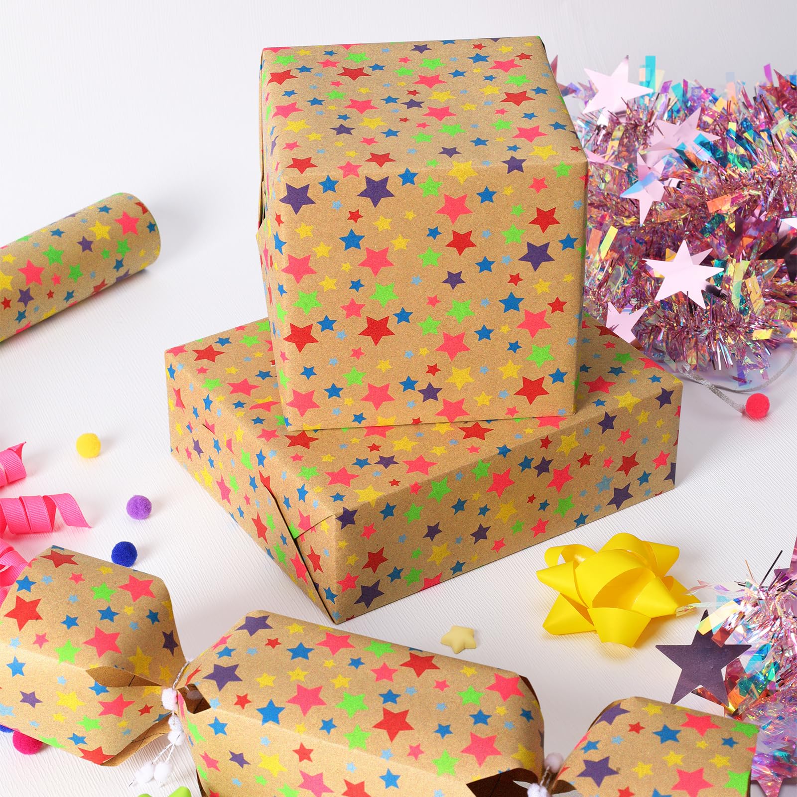BIOBROWN Geschenkpapierrolle aus Kraftpapier, bunte Sterne, perfekt für Geburtstag, Urlaub, 43,2 x 10,1 m
