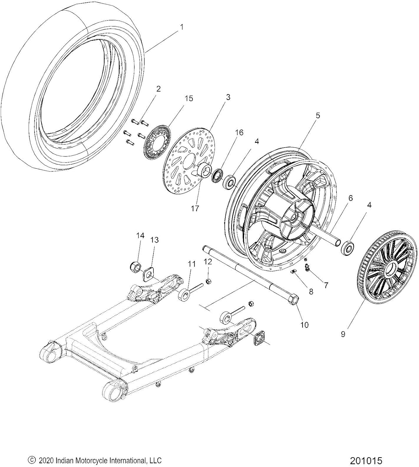 Indian Motorcycle WHEEL-REAR,16",CAST,B60,BLK [INCL., 4,6,7,17], Genuine OEM Part 1523578-266, Qty 1