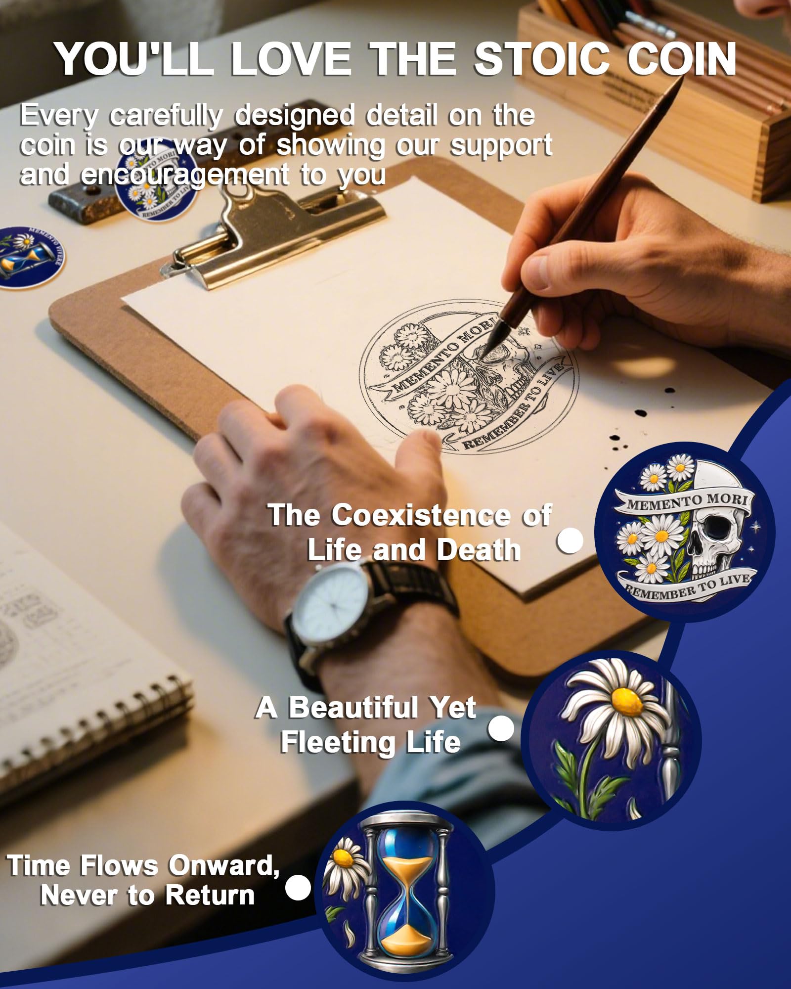 Memento Mori Coin, Daisy and Hourglass Stoic Challenge Coin - Image 3
