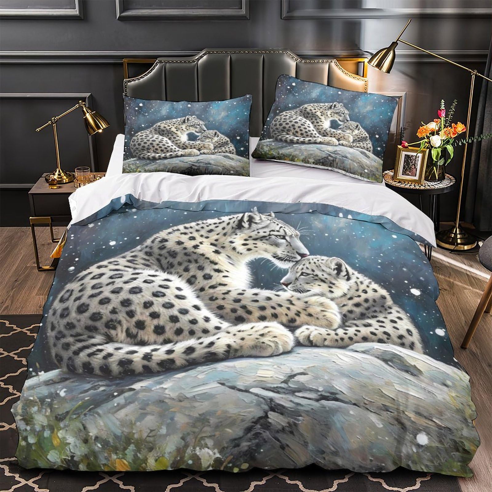Housse de couette 140x200 léopard des neiges lit simple microfibre pour enfant