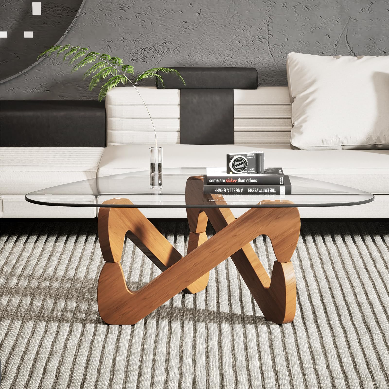 TWSOUL Mesa de Centro Triangular de Vidrio Templado de 82 cm con Base de Madera, Mesa Moderna de salón Elegante para Sala de Estar (Transparente)