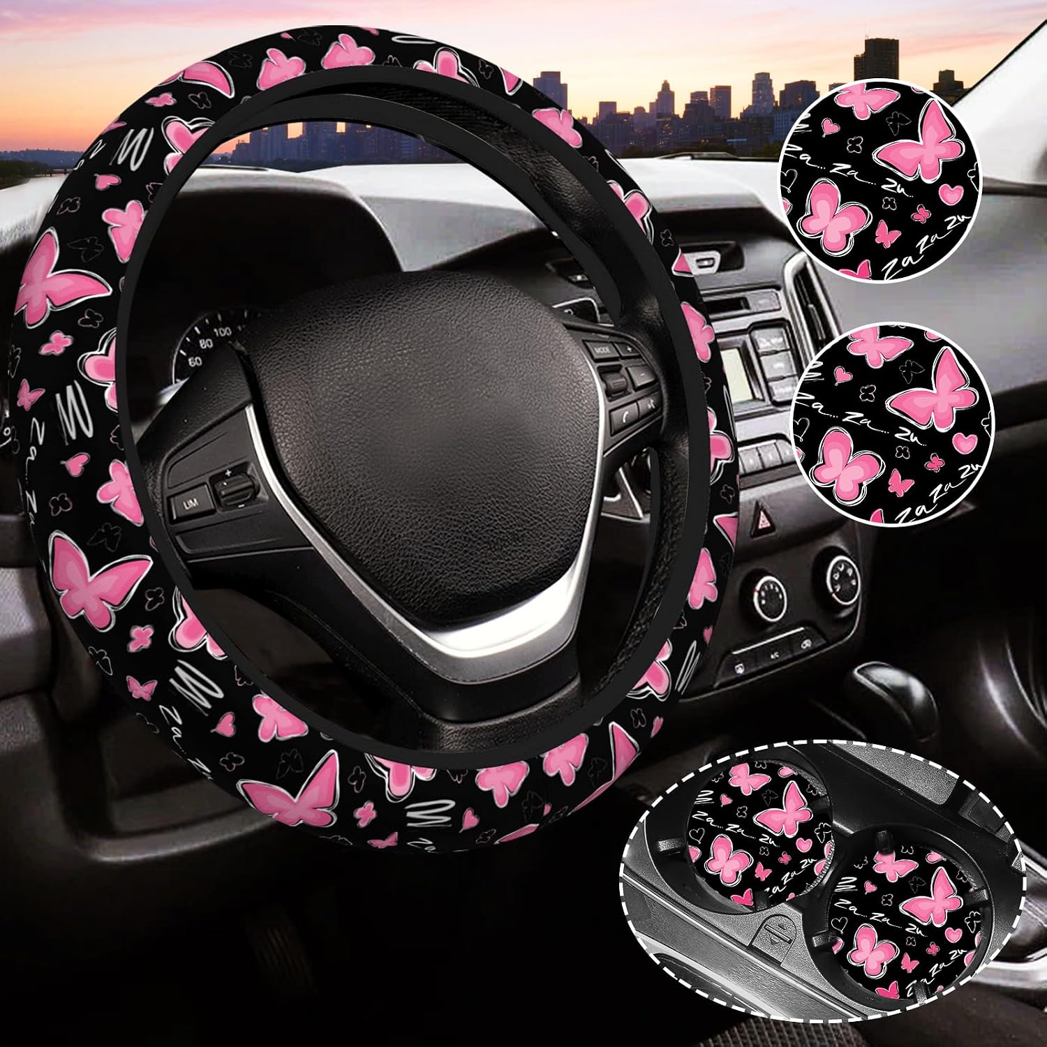 Pink Butterfly Steering Wheel Cover for Women, Universal Auto Steering Wheel 14-15 Inch Car Interior Accessories with 2PCS Car Coasters, Suitable for Men and Women
