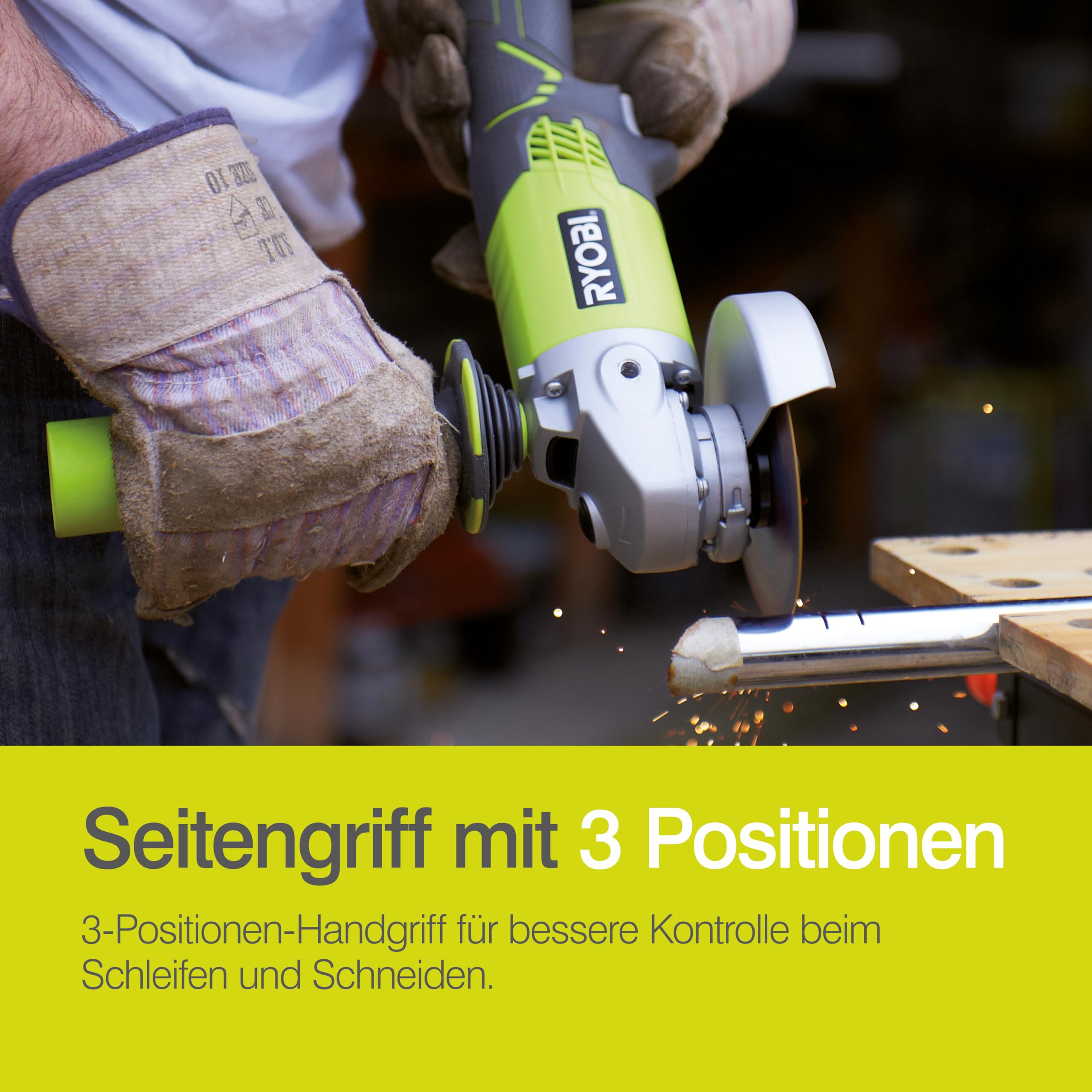 RYOBI 18 V ONE+ Akku-Winkelschleifer R18AG-0, kabelloses Schleif- und Trennwerkzeug, 7500 U/min, kraftvolle Metall-, Stein- & Fliesenbearbeitung