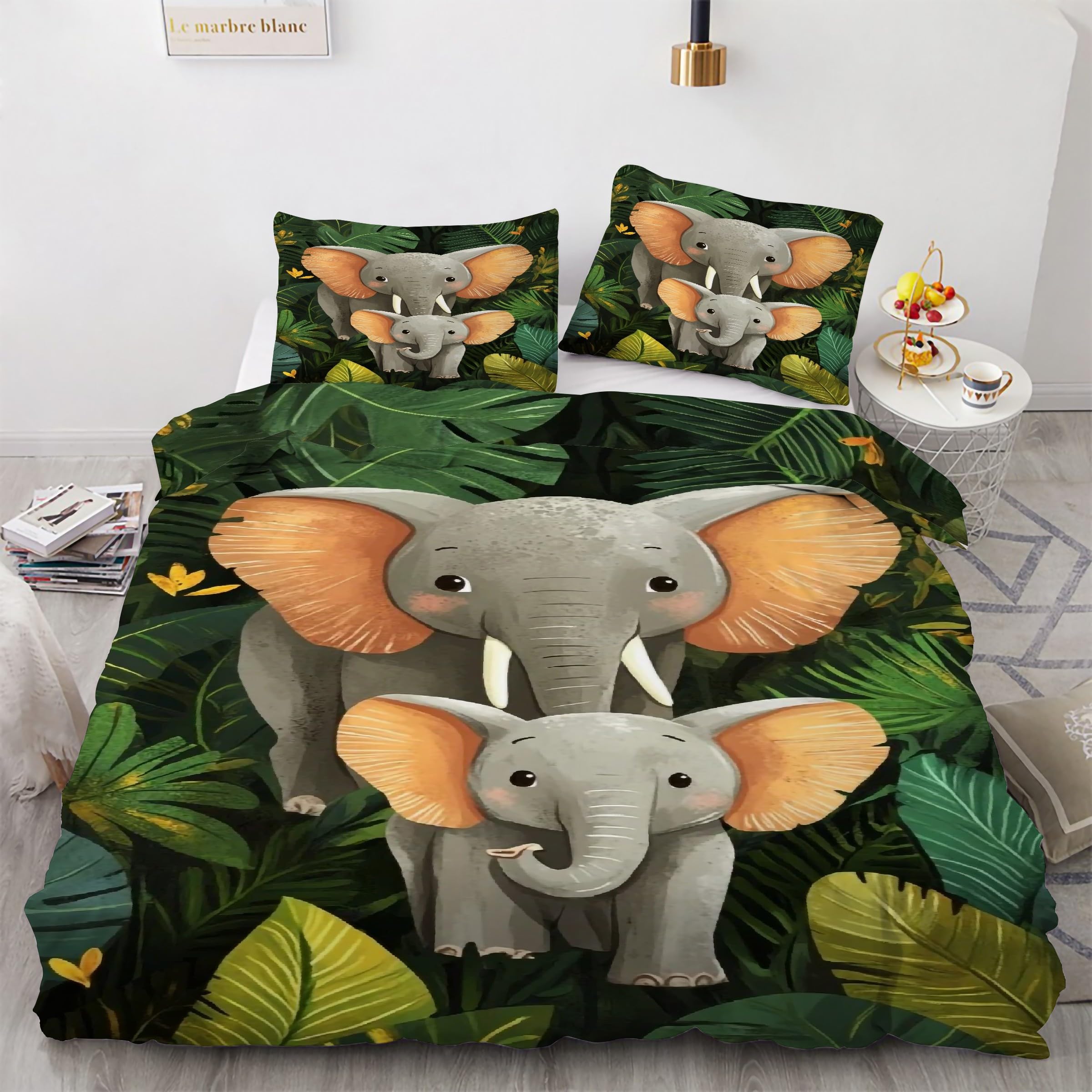 Housse de couette 160x200 éléphant parure de lit animal ensemble de literie 3 pièces