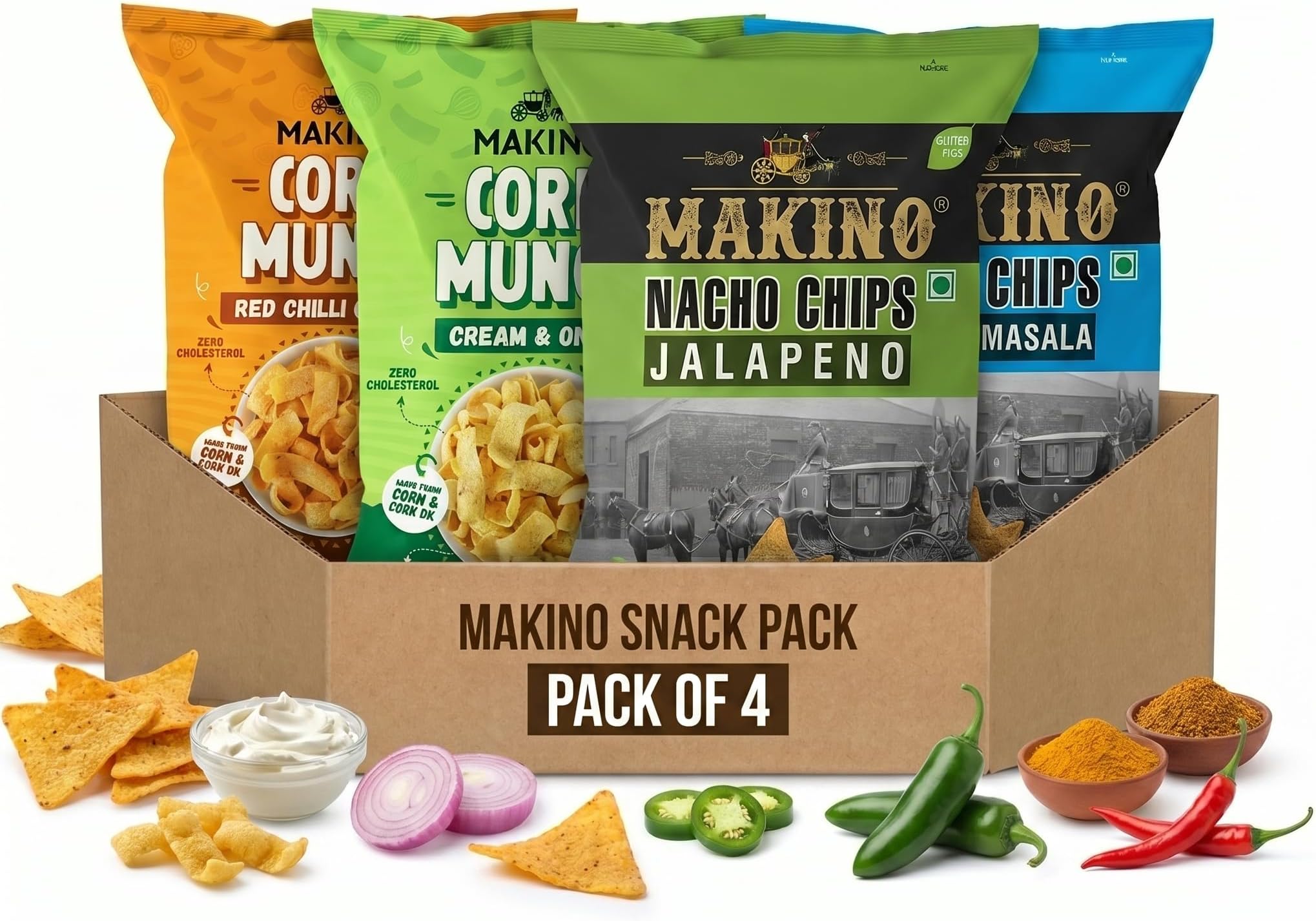 Corn Chips & Nachos Combo Pack of 4 | Jalapeno, Cheese, Red Chilli & Cream Onion Flavours | Healthy Low Calorie Corn Snacks | Non-GMO, Gluten Free & No MSG | 420g