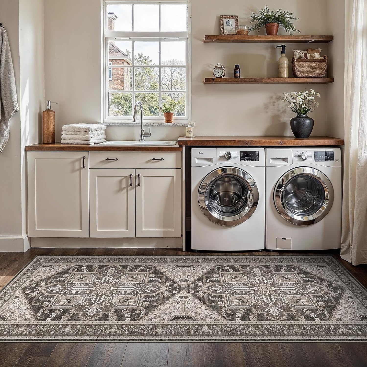 WITSHOCK Boho Area Rugs Machine Washable for Living Room Bedroom, 2x6 Vintage Non-Slip Stain Resistant Floor Carpet Indoor for Bedroom Kitchen Entryway Bathroom, Bitter Black