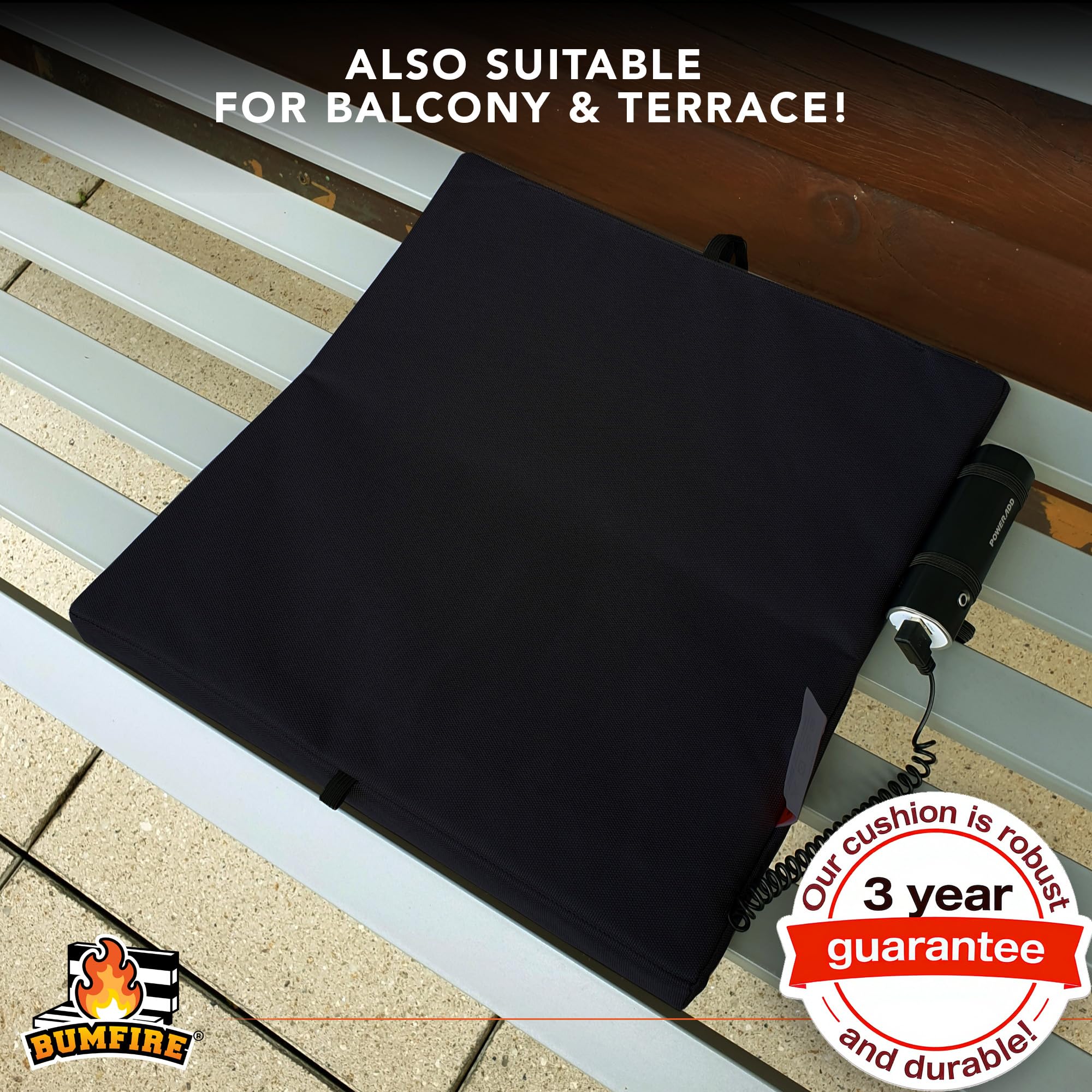 Coussin de Siège Chauffant pour Activités Extérieures | Stade, match, camping, fauteuil roulant, festival | Assise en mousse, pliable | Connexion par USB | 35 x 35 x 3,5 cm - Noir