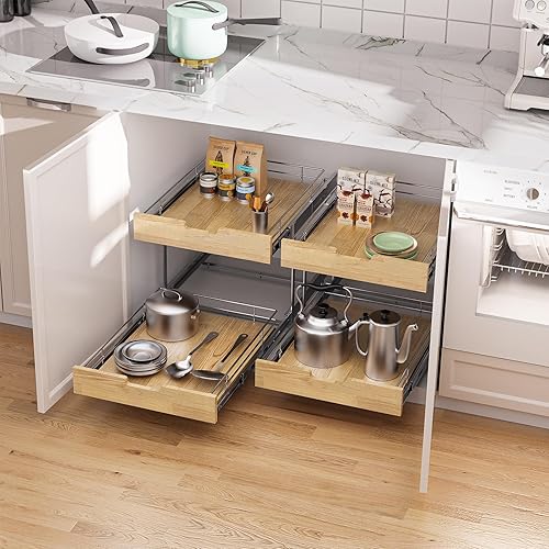 Miniatura 5 de Organizador de gabinete extraíble, estante deslizante resistente, cesta de madera y alambre, cajón extraíble para cocina debajo del fregadero,