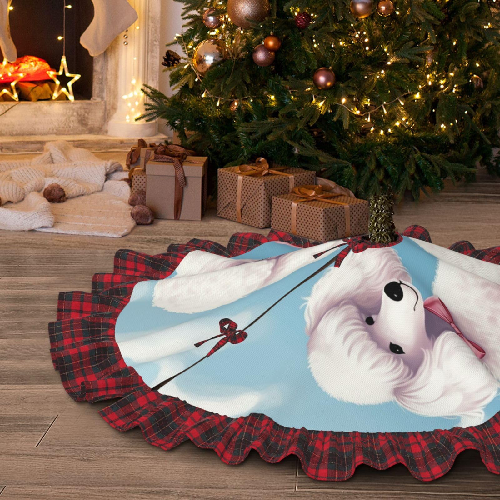 Jupe de sapin caniches pour un Noël rustique en famille au coin du feu