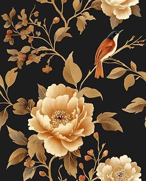 Laatse Dark Floral Bird Wallpaper Peel and Stick 17.5"x 393",Black/Golden | Self Adhesive/Removable/Waterproof/Thick Vinyl Contact Paper for Bathroom Bedroom Shelf Cabinet Drawer,Prepasted,Easy Peel