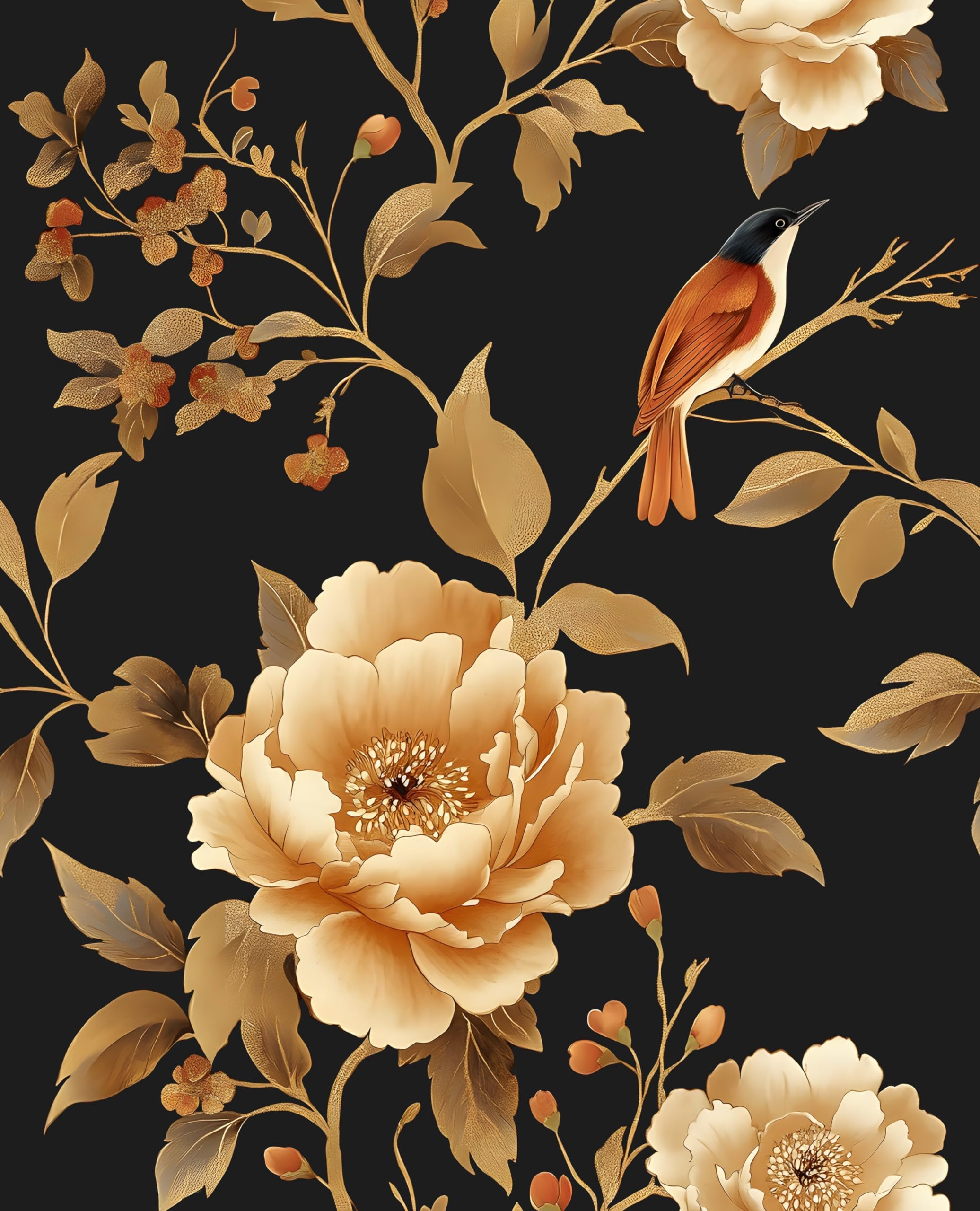Laatse Vintage Floral Bird Wallpaper Peel and Stick Boho Wallpaper 17.5in x393in Black/Golden Floral Wall Mural Waterproof Self-Adhesive Modern Wall Paper for Bedroom Kitchen Cabinet Drawer Decor