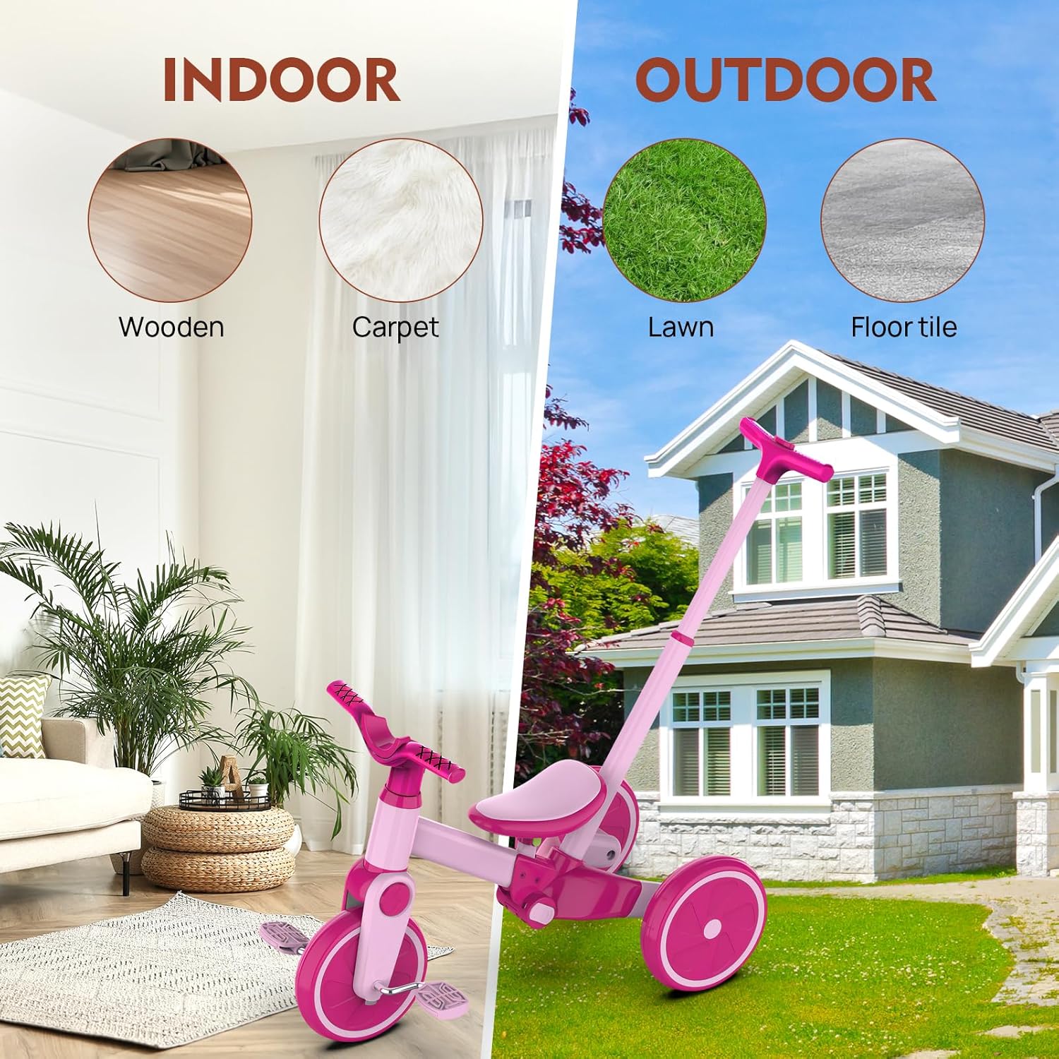 Tricycle for Toddlers 1-3 Year Olds, 5 in 1 Toddler Balance Bike with Removable Pedal, Foldable Toddler Tricycle with Push Handle(Pink)