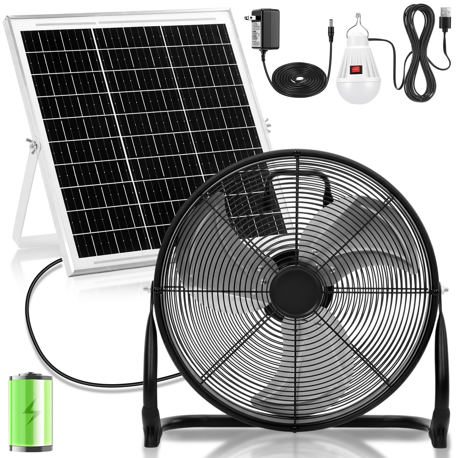 Hortsun 1 juego de ventilador de suelo de 12 pulgadas, 15600 mAh, alimentado por energía solar, negro, ventilador solar exterior, recargable, inalámbrico, inclinación de 360°, para invernadero