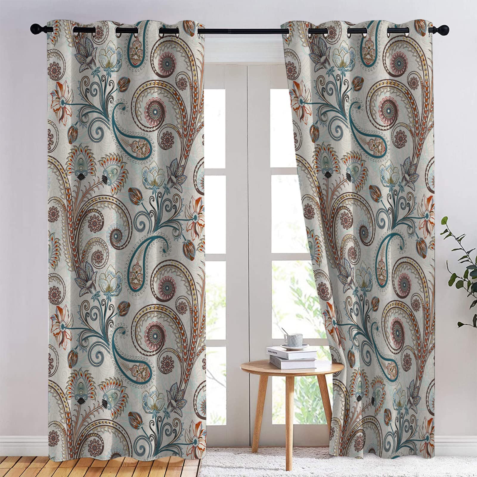 TAKUAN Rassisch Vorhänge Paisley Blumenmuster Muster Verdunklungsvorhänge, Vorhang Blickdicht mit Ösen Gardinen Wohnzimmer Schlafzimmer Kinderzimmer Dekoration 2er Set-160 x 132 cm (H X B)