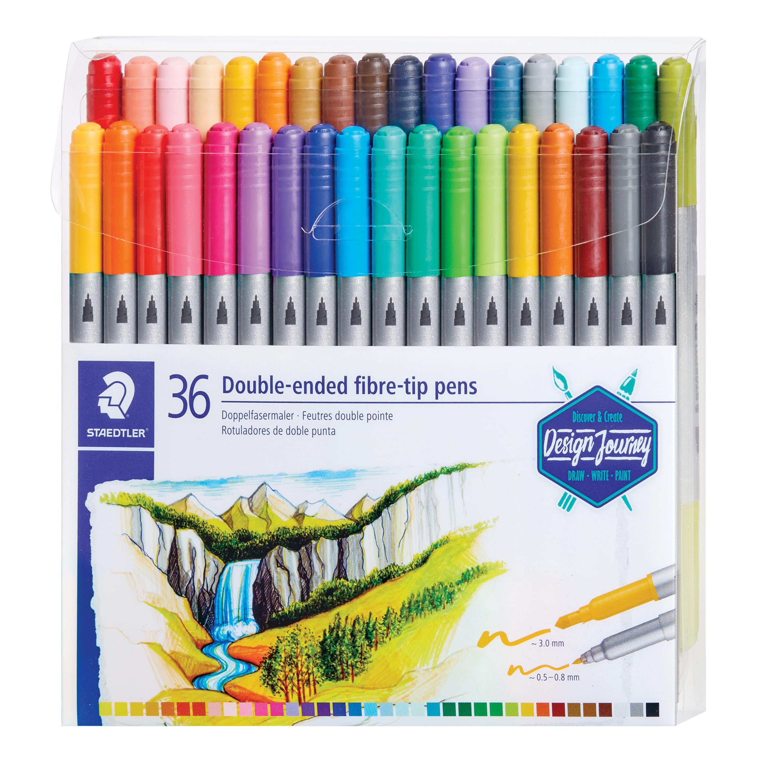 STAEDTLER 3200 TB36 Design Journey Double-Ended Fibre-Tip Pens with Thin & Wide Nibs - Assorted Colours (Pack of 36)