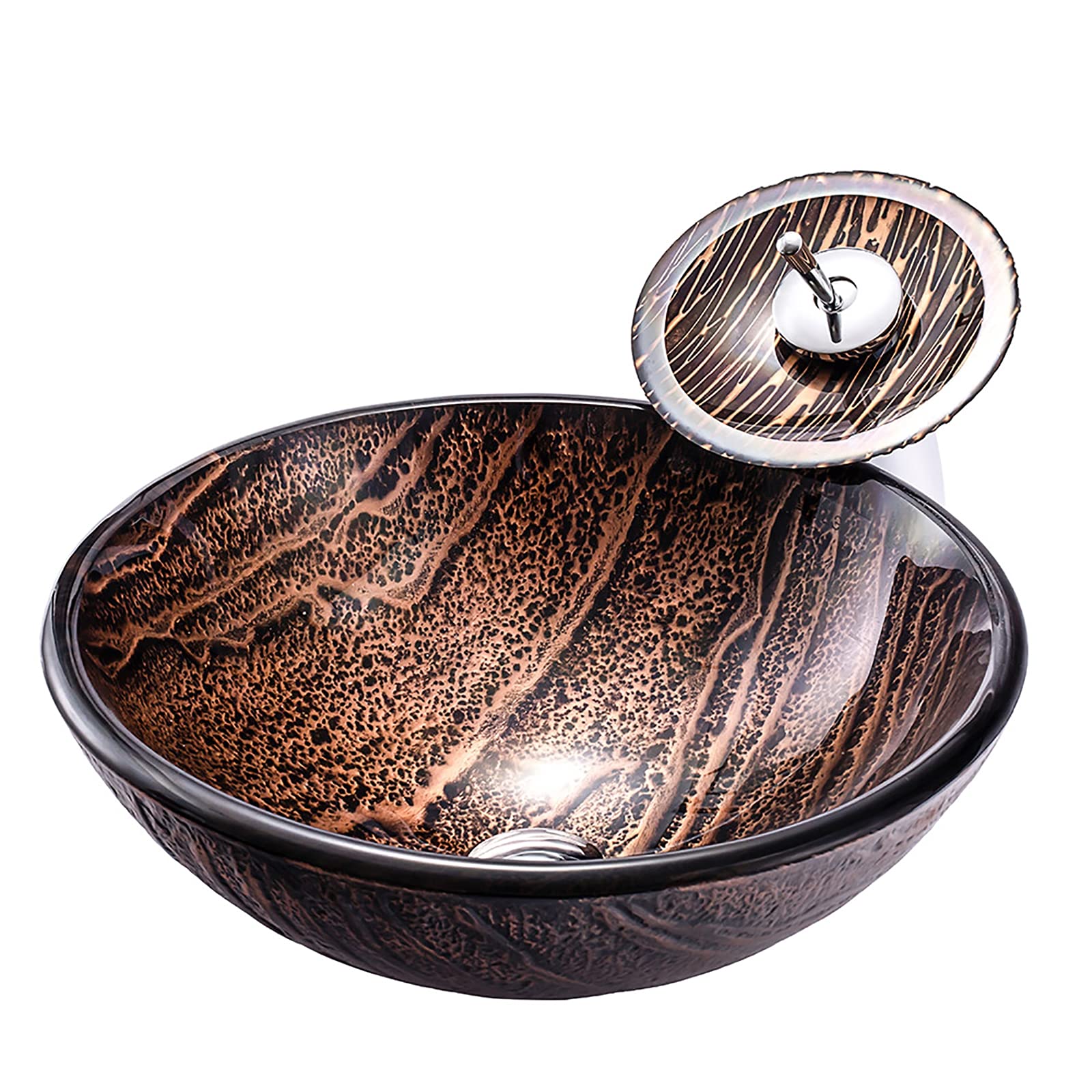 WOTZOV Bathroom Vessel Sink Round Tempered Glass Vessel Sink Brown Artistic Vessel Bowl Sink Countertop Vanity Vessel Sink With Waterfall Faucet,Pop Up Drain Combo,
