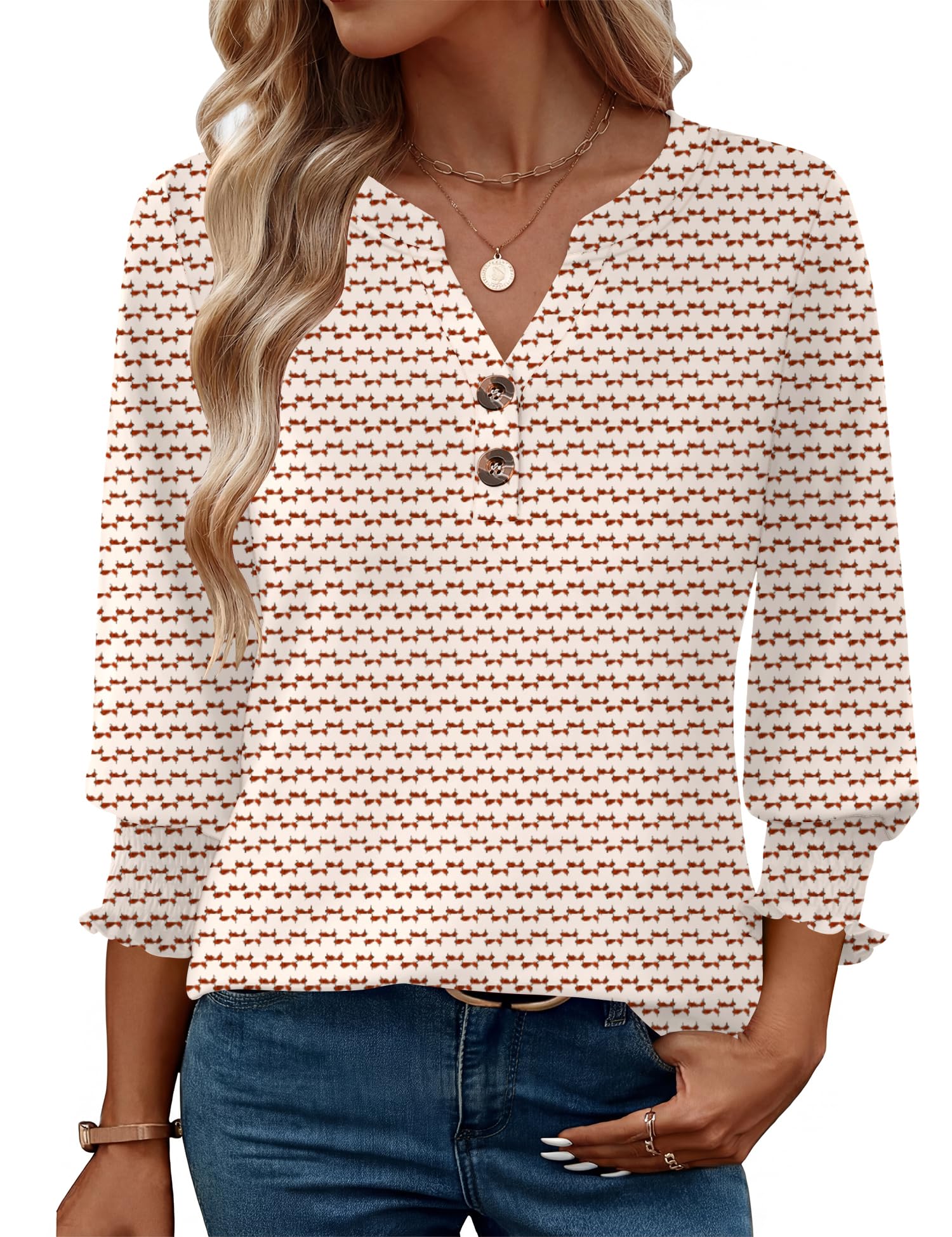 Rapbin Damen Bluse 3/4 Arm V-Ausschnitt Oberteile Knopfleiste Tunika Elegant Lässig Business Blusen Sommer Tops