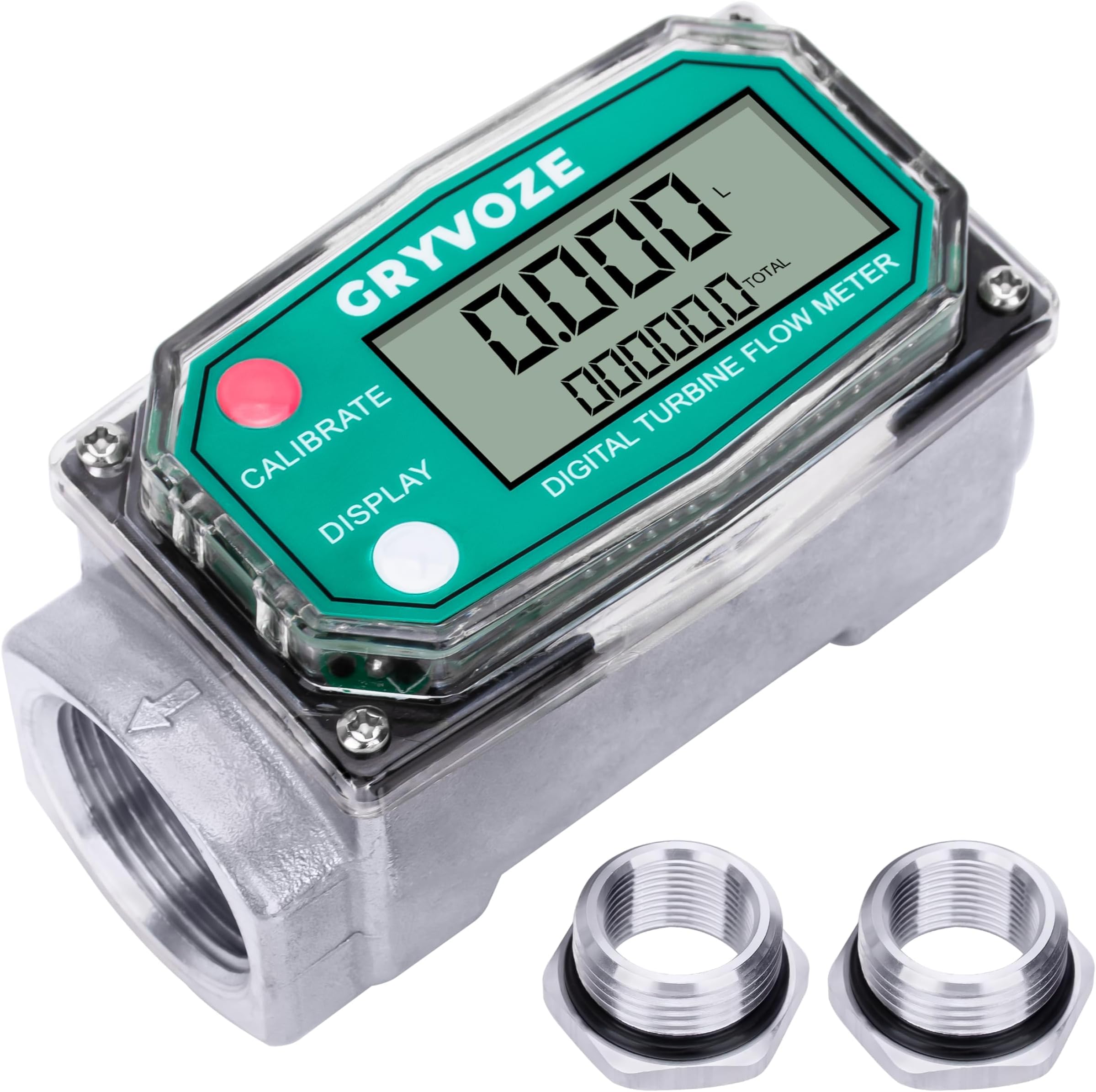 1 Inch Turbine Flow Meter LCD Digital Display Flowmeter with Detachable 3/4 Inch Adapters - Accurate Measurement for Water, Diesel, Gasoline, Kerosene, and Methanol
