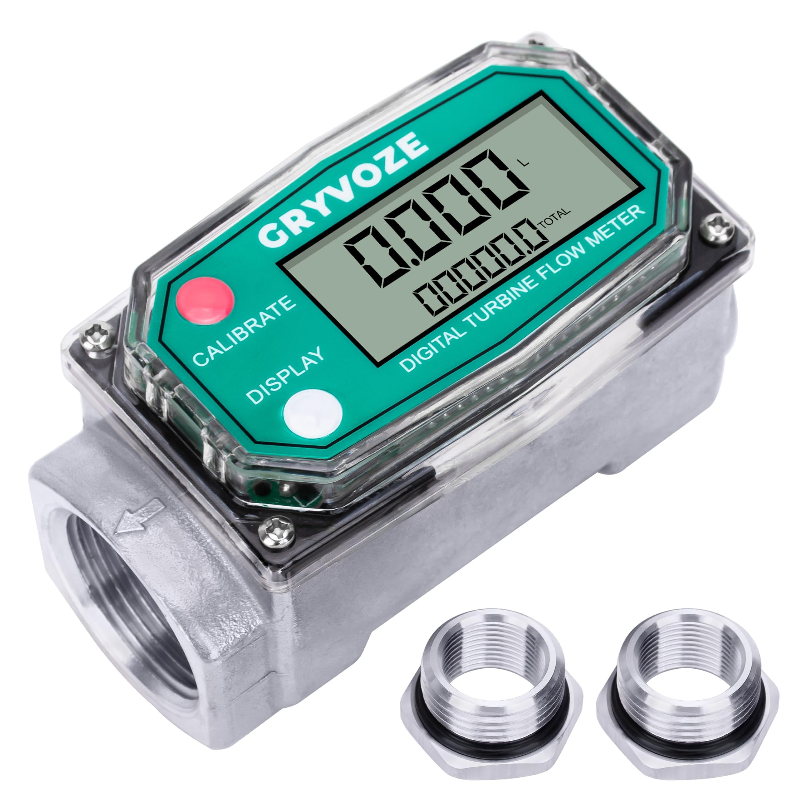 1 Inch Digital Turbine Fuel Flow Meter, 2.6-26 GPM Inline NPT Thread Flowmeter with 3/4 in Adapters for Water, Diesel, Gas Oil, Gasoline, and Other Liquids - Supports Gallon, QTS, PTS, L, m³