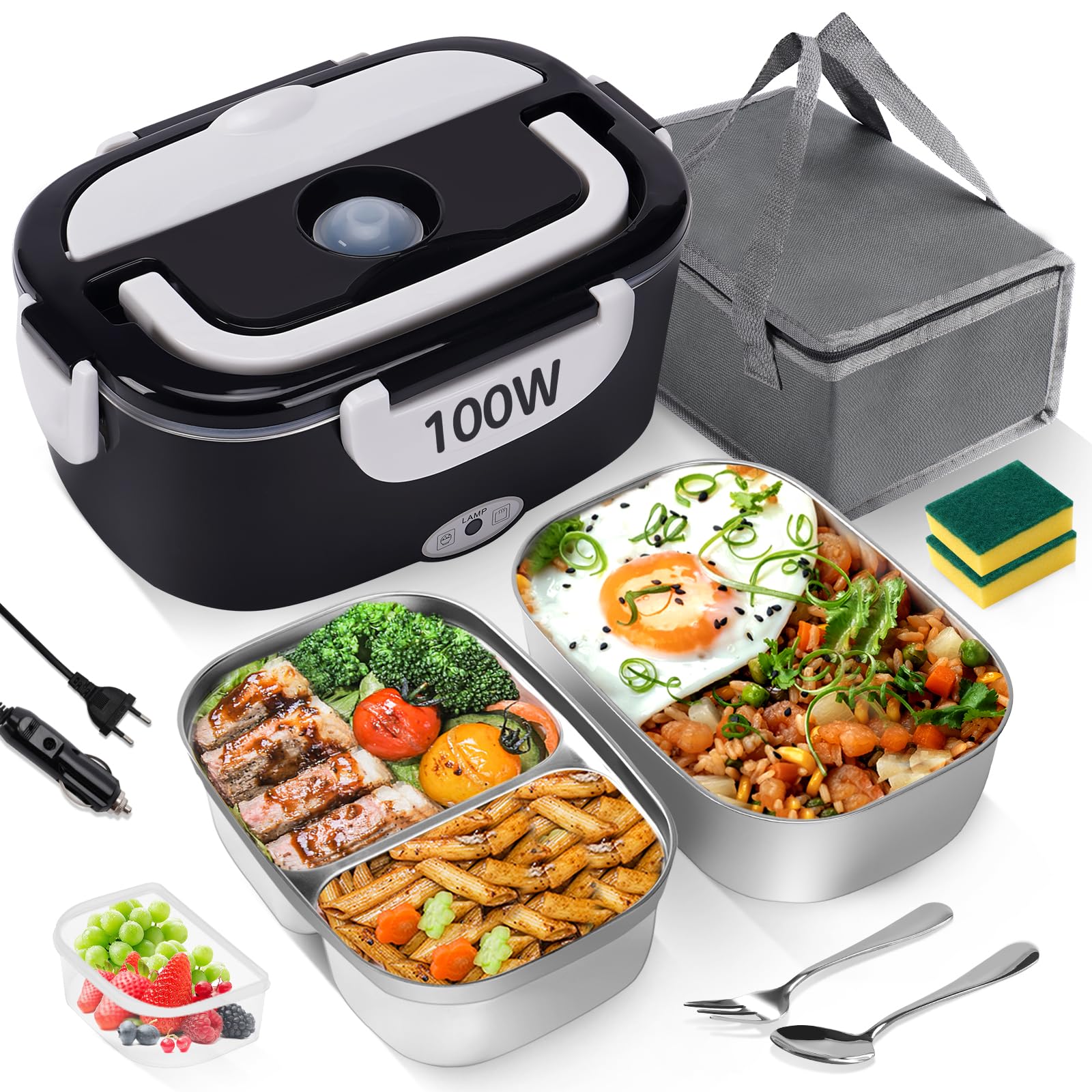 Lunch Box Chauffante Électrique 100W, 3 en 1 Portable, Gamelle Chauffante en Acier Inoxydable avec 2 Boîtes Amovibles, 12V/24V/220V pour Voiture, Camion et Bureau (Noir et Blanc, 1,5 L)