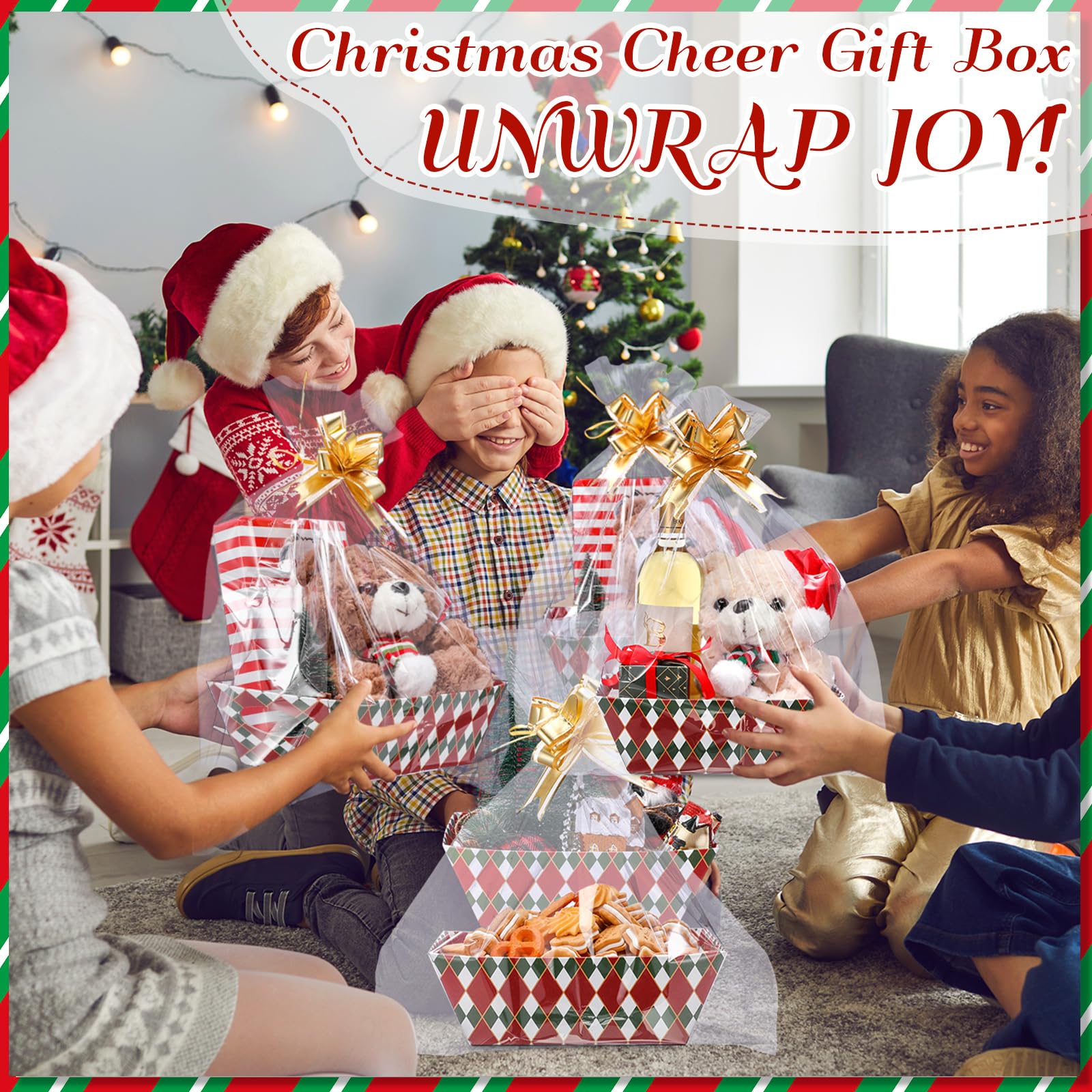 Nuogo Paquete de 12 cestas de Navidad vacías para regalos de 9.8 x 6.5 pulgadas, cesta de regalo vacía para llenar bandejas de cartón con bolsas de cesta, lazos para Navidad, vacaciones, regalos de