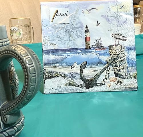 Miniatura 3 de Paquete de 20 servilletas de papel estampado de caballito de mar azul de 6.5 x 6.5 pulgadas, suministros para fiestas temáticas de playa