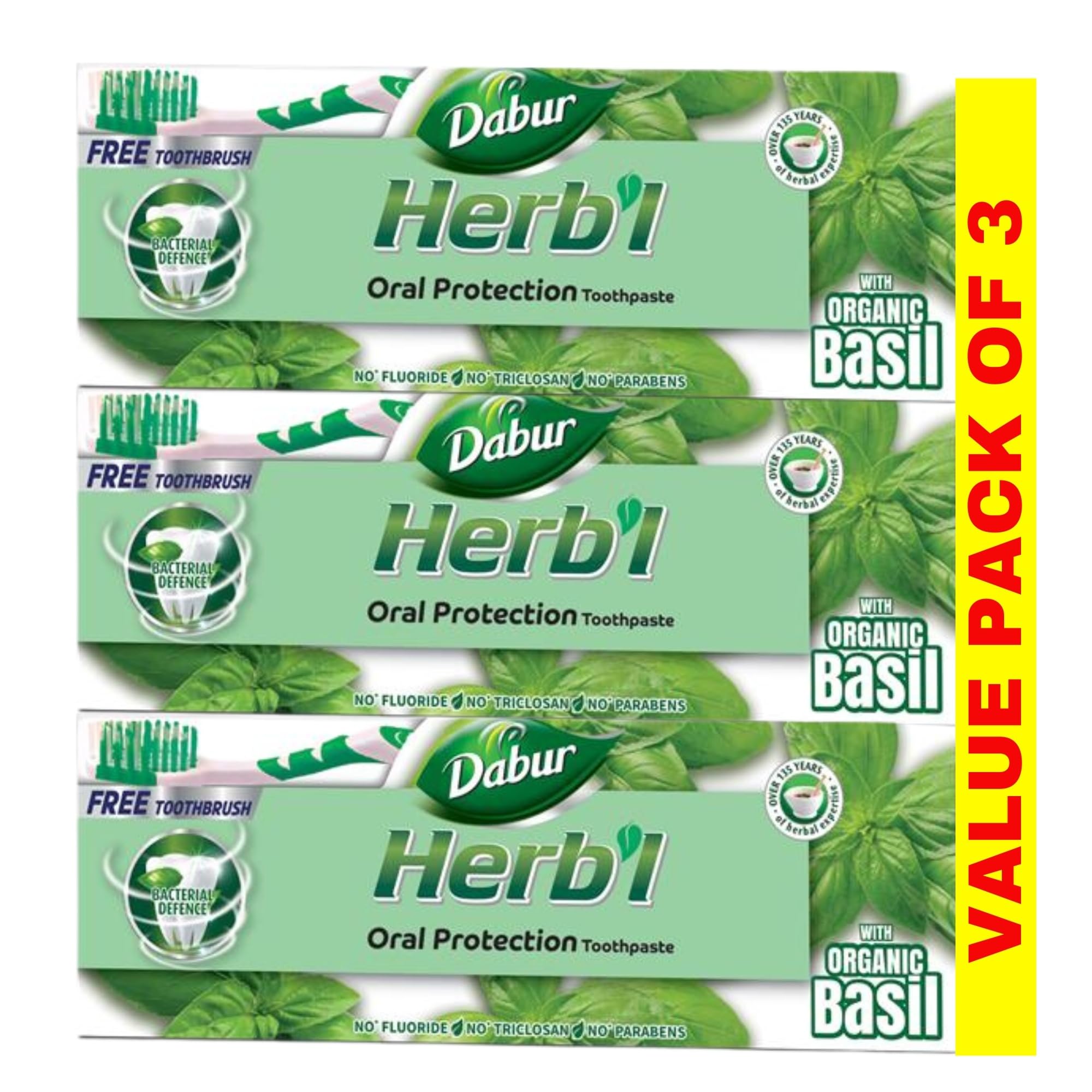 Dabur Herbl Basil Oral Protection Toothpaste (3 x 150g + Toothbrush) | Enriched With Basil | Natural Toothpaste For Healthy Gums & Strong Teeth | Value Pack